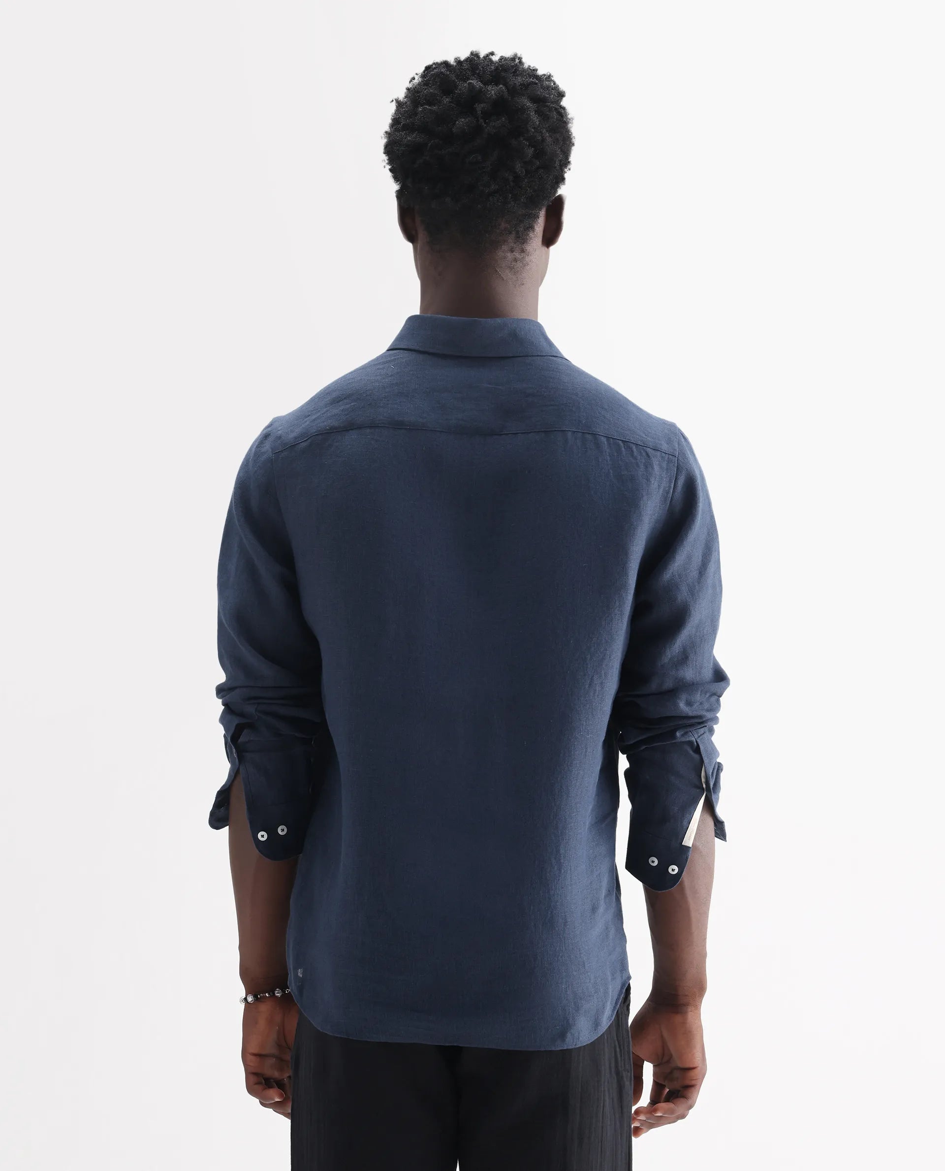 Rare Rabbit Men's Kurts Navy 100% Linen Plain Regular Fit Full Sleeve Collared Shirt