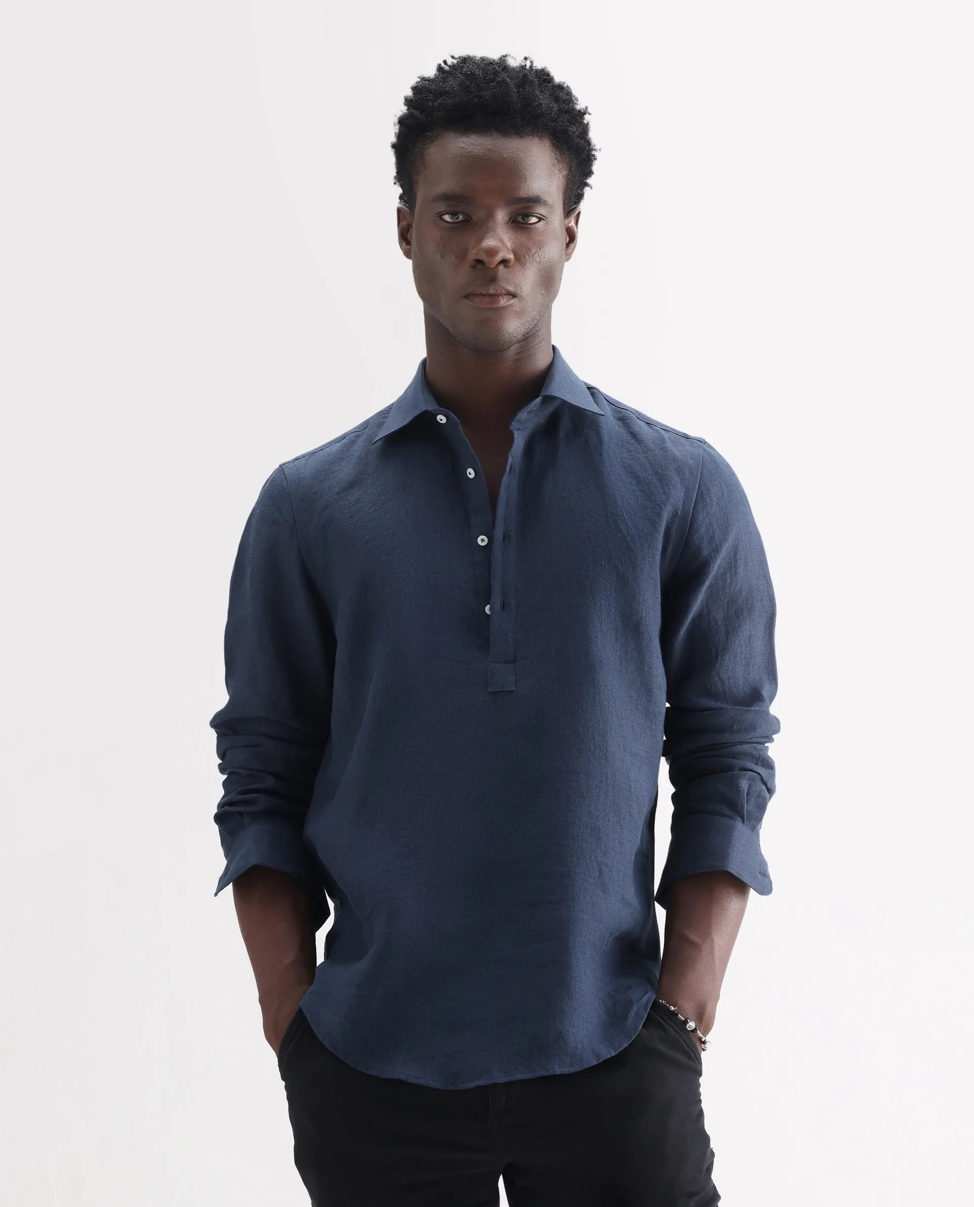 Rare Rabbit Men's Kurts Navy 100% Linen Plain Regular Fit Full Sleeve Collared Shirt