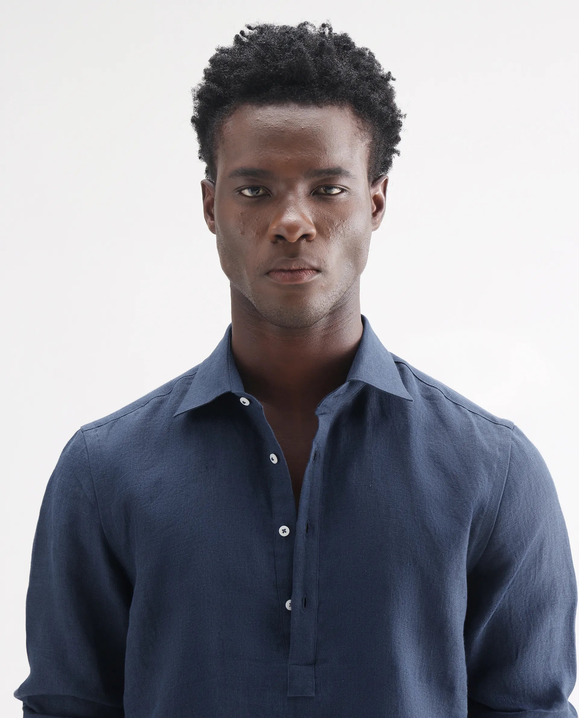 Rare Rabbit Men's Kurts Navy 100% Linen Plain Regular Fit Full Sleeve Collared Shirt