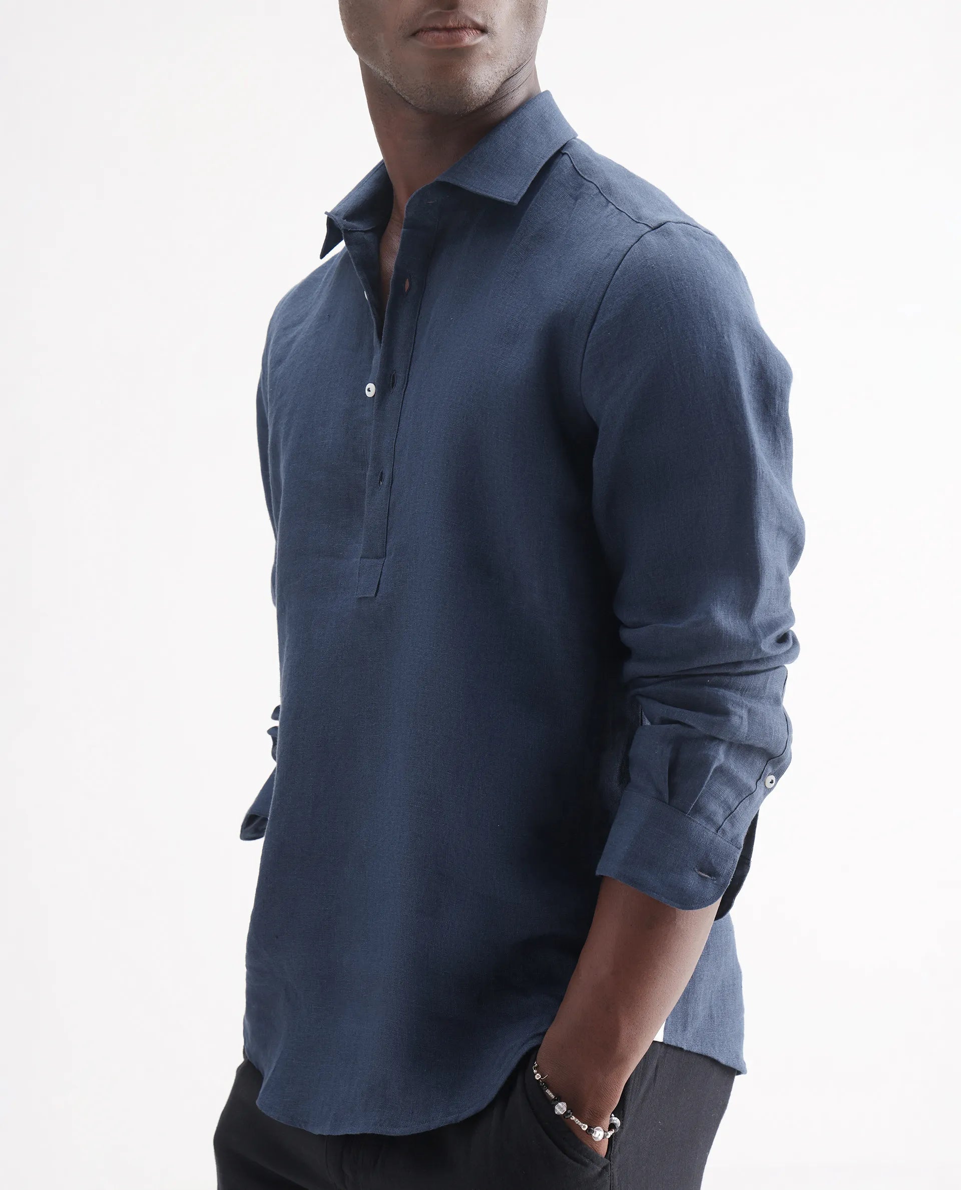 Rare Rabbit Men's Kurts Navy 100% Linen Plain Regular Fit Full Sleeve Collared Shirt