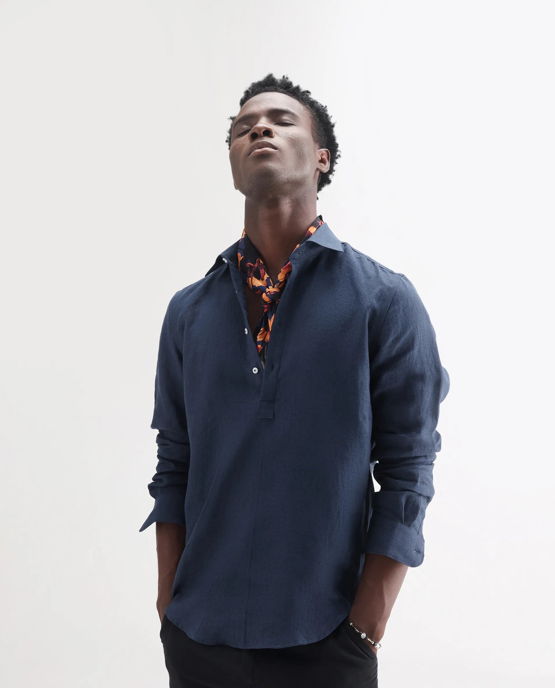 Rare Rabbit Men's Kurts Navy 100% Linen Plain Regular Fit Full Sleeve Collared Shirt