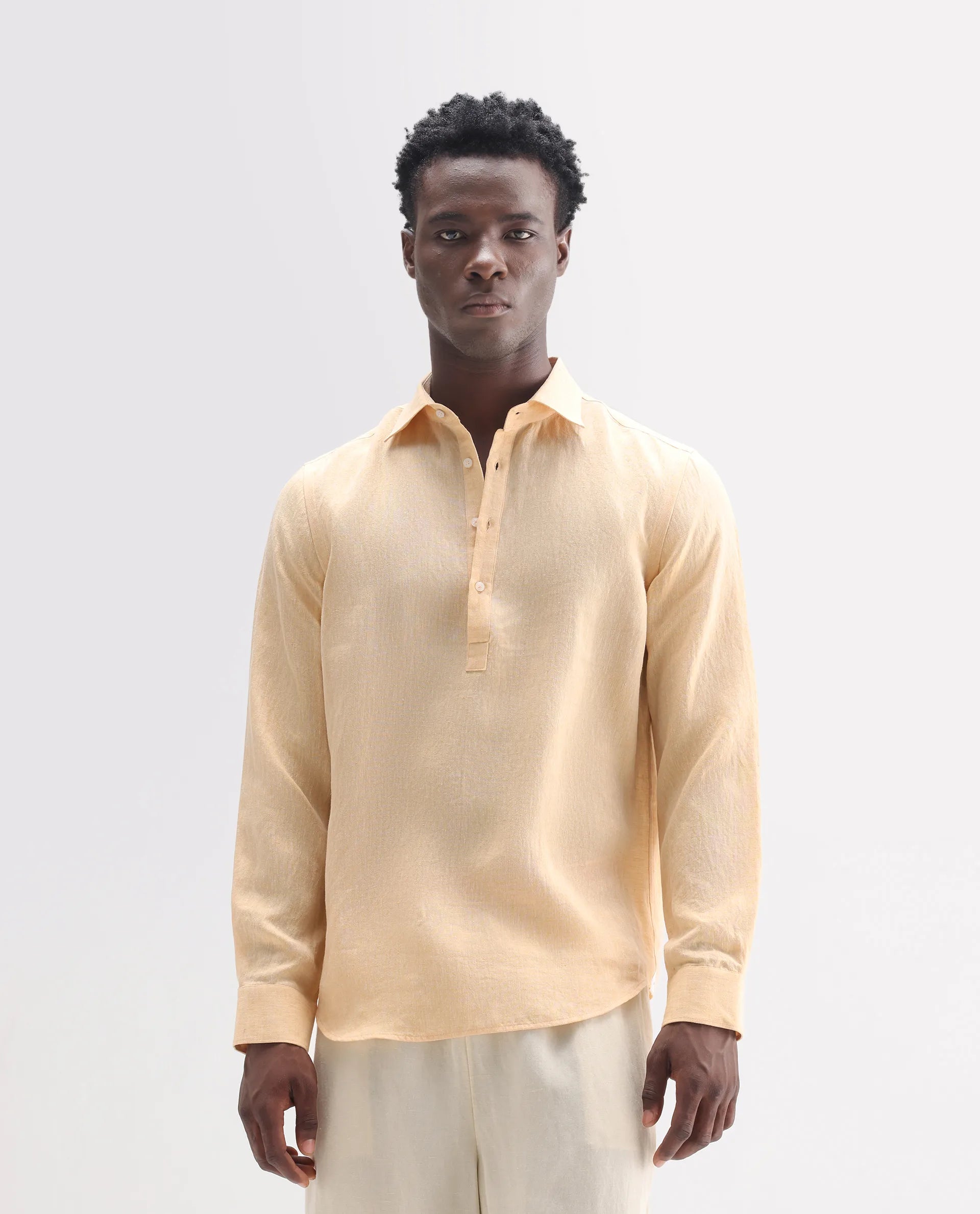 Rare Rabbit Men's Kurts Dusky Yellow 100% Linen Plain Regular Fit Full Sleeve Collared Shirt