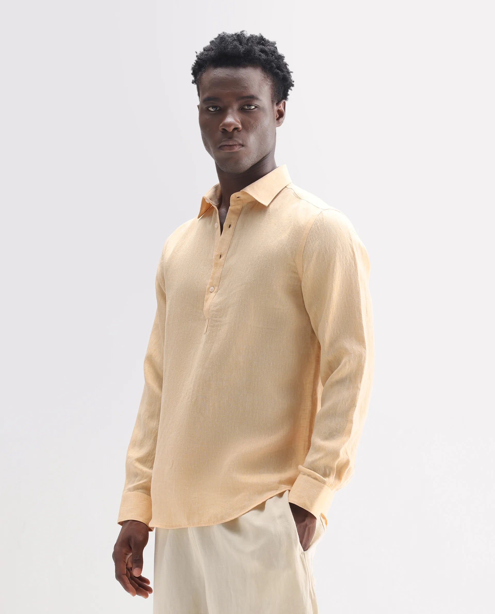 Rare Rabbit Men's Kurts Dusky Yellow 100% Linen Plain Regular Fit Full Sleeve Collared Shirt