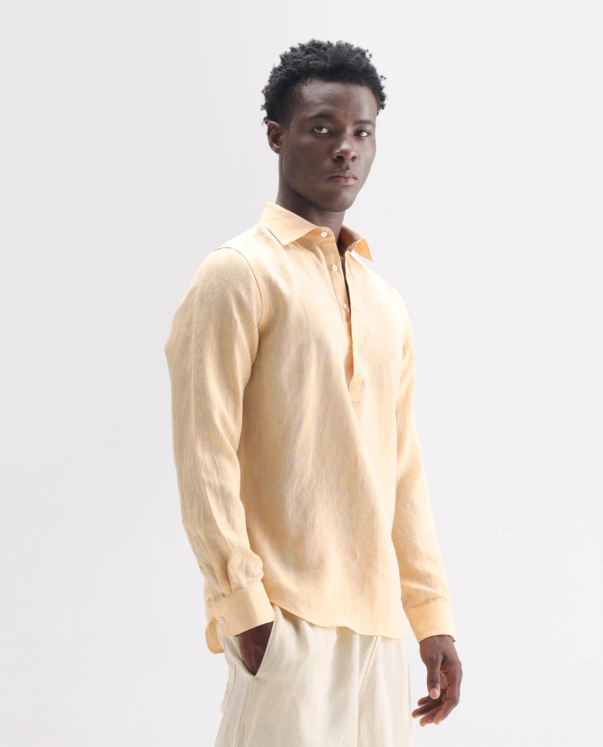 Rare Rabbit Men's Kurts Dusky Yellow 100% Linen Plain Regular Fit Full Sleeve Collared Shirt