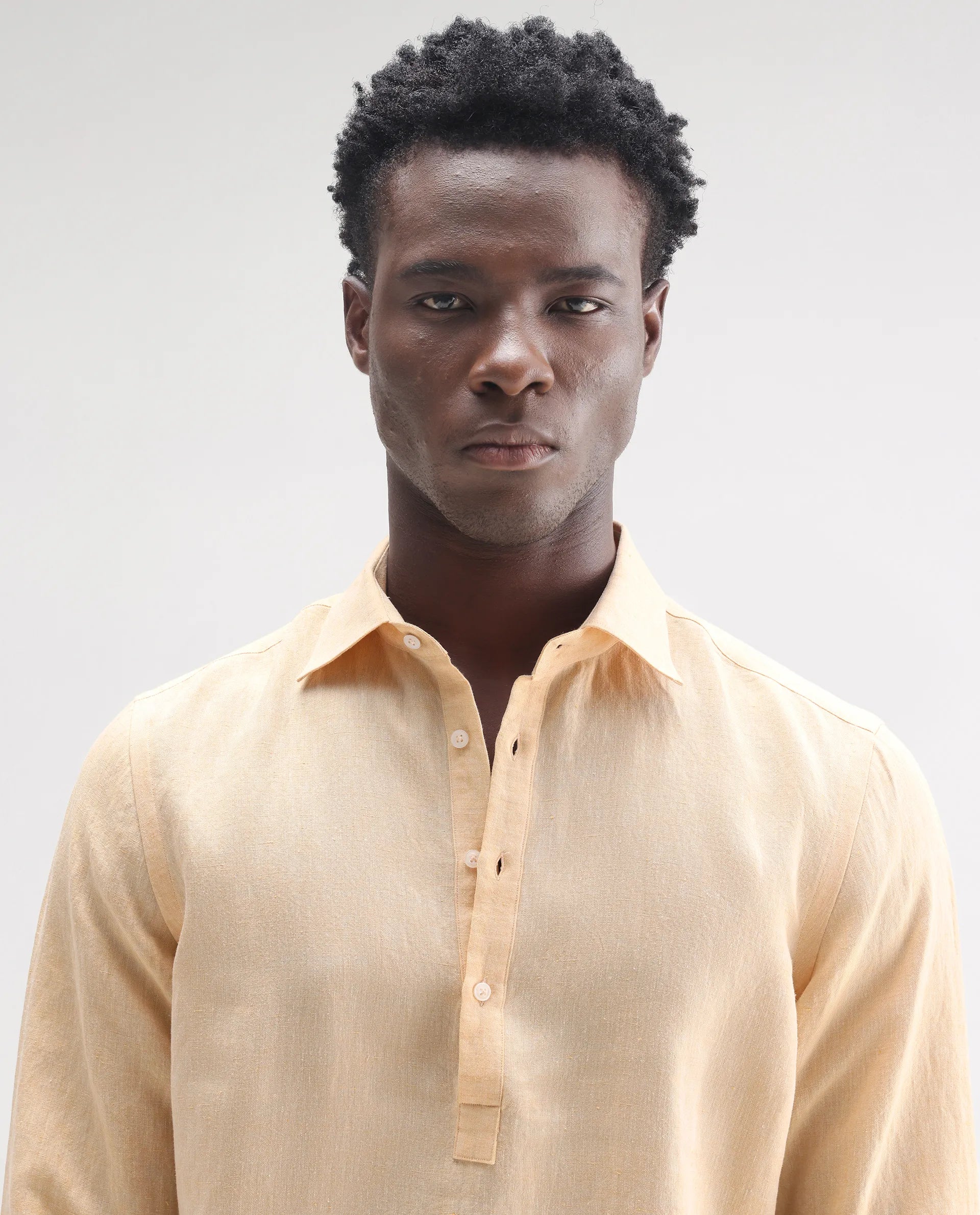 Rare Rabbit Men's Kurts Dusky Yellow 100% Linen Plain Regular Fit Full Sleeve Collared Shirt