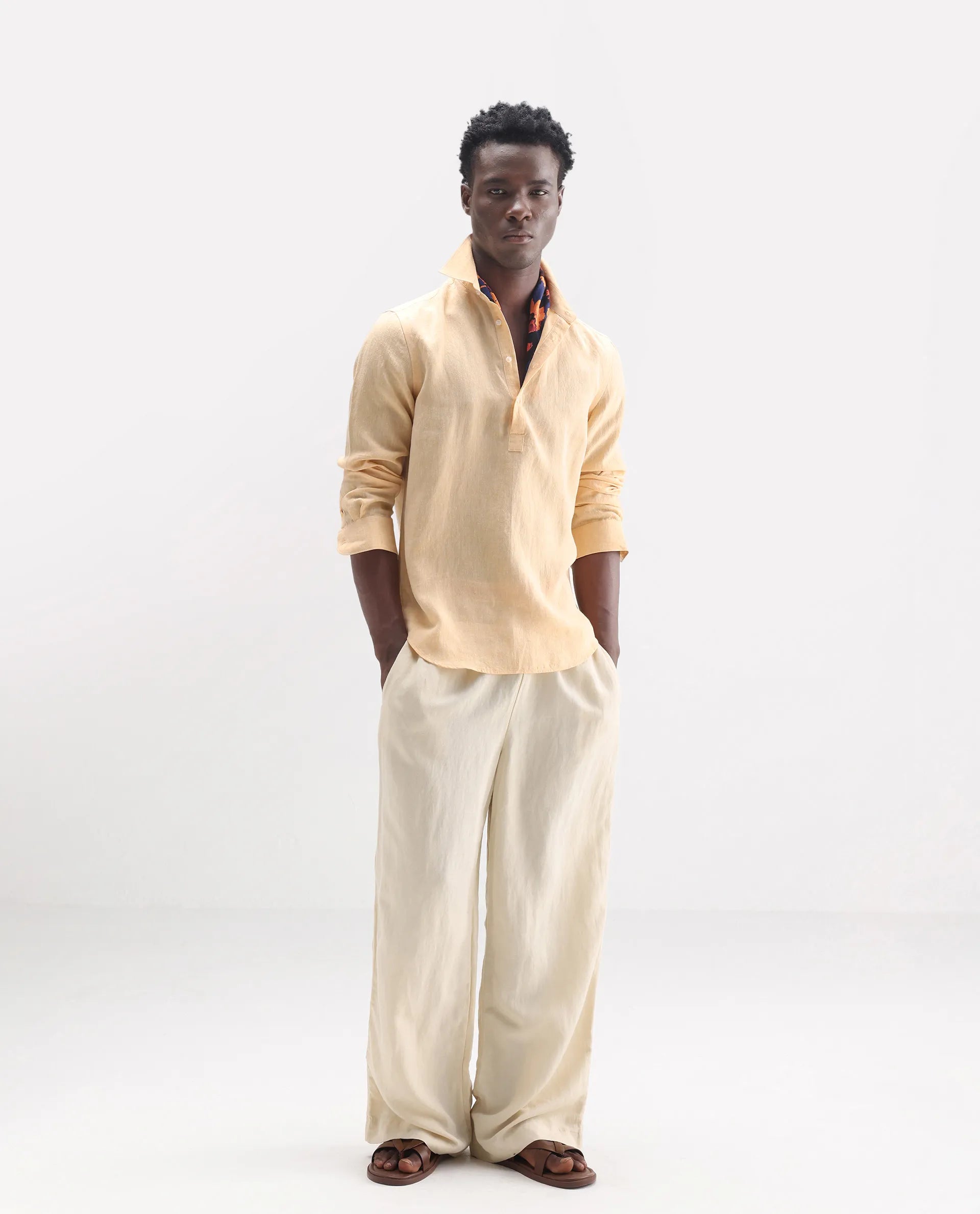 Rare Rabbit Men's Kurts Dusky Yellow 100% Linen Plain Regular Fit Full Sleeve Collared Shirt