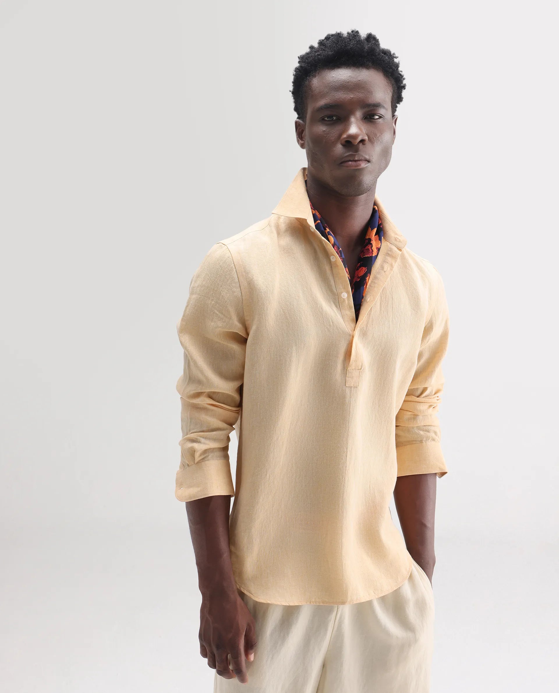 Rare Rabbit Men's Kurts Dusky Yellow 100% Linen Plain Regular Fit Full Sleeve Collared Shirt