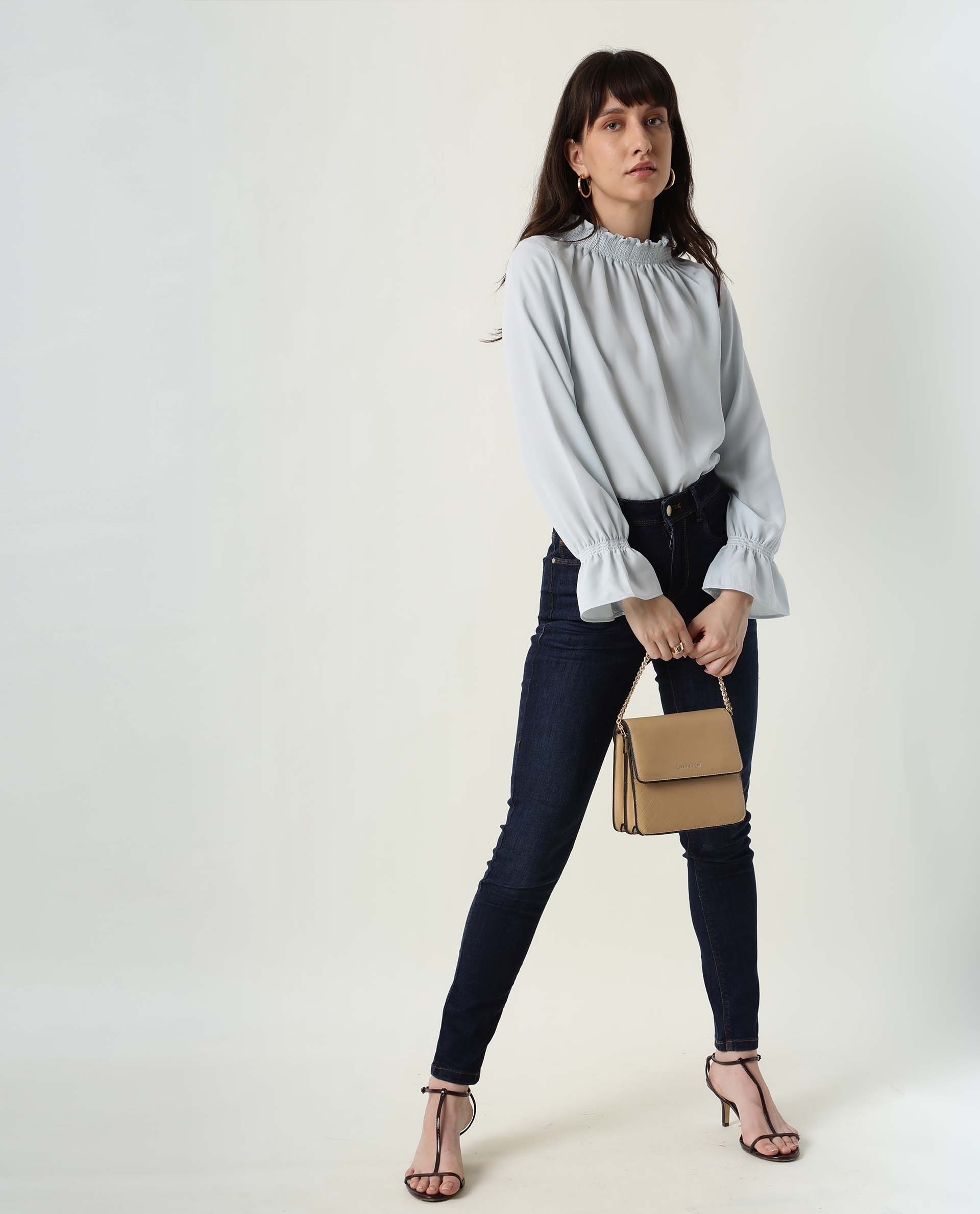 Rareism Womens Kusho Blue Top Viscose Fabric Relaxed Fit Full Sleeve High Neck