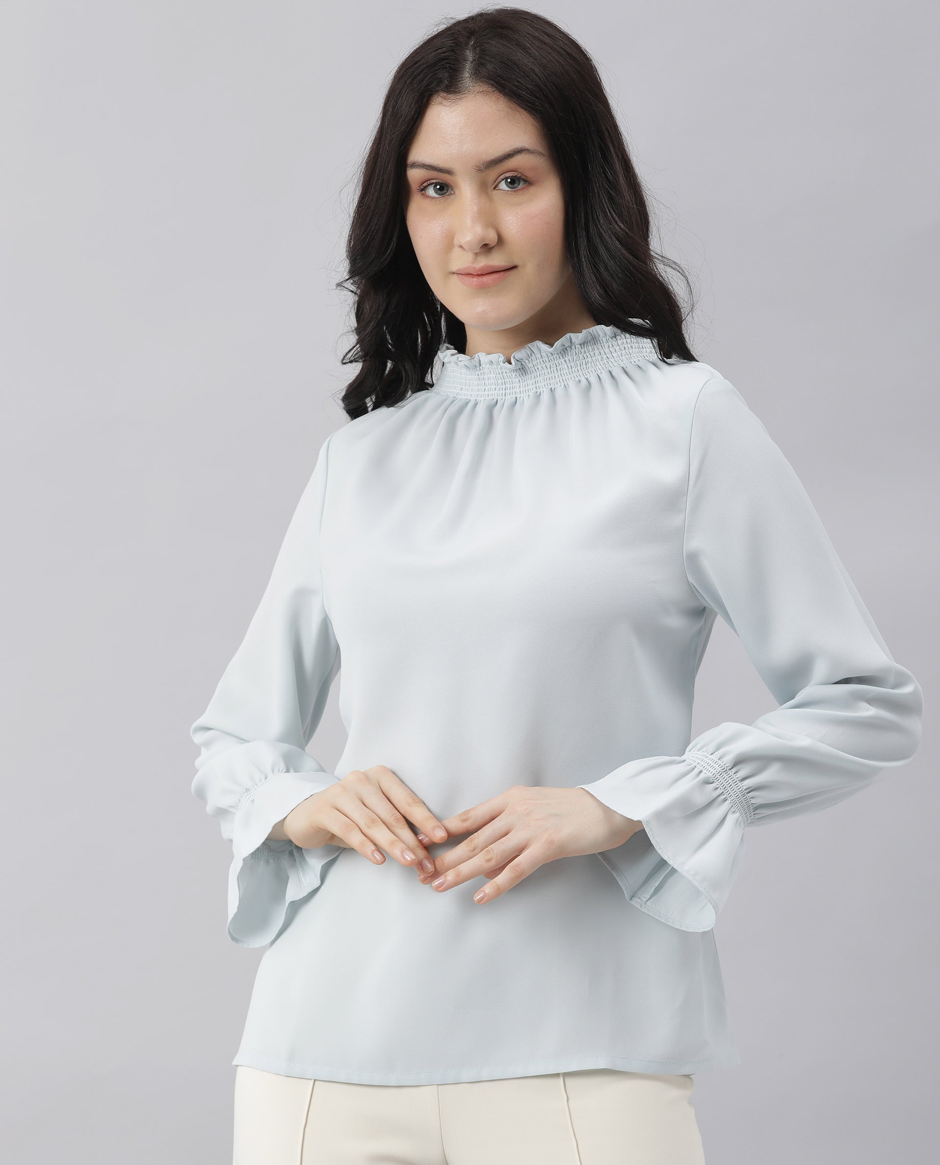 Rareism Womens Kusho Blue Top Viscose Fabric Relaxed Fit Full Sleeve High Neck