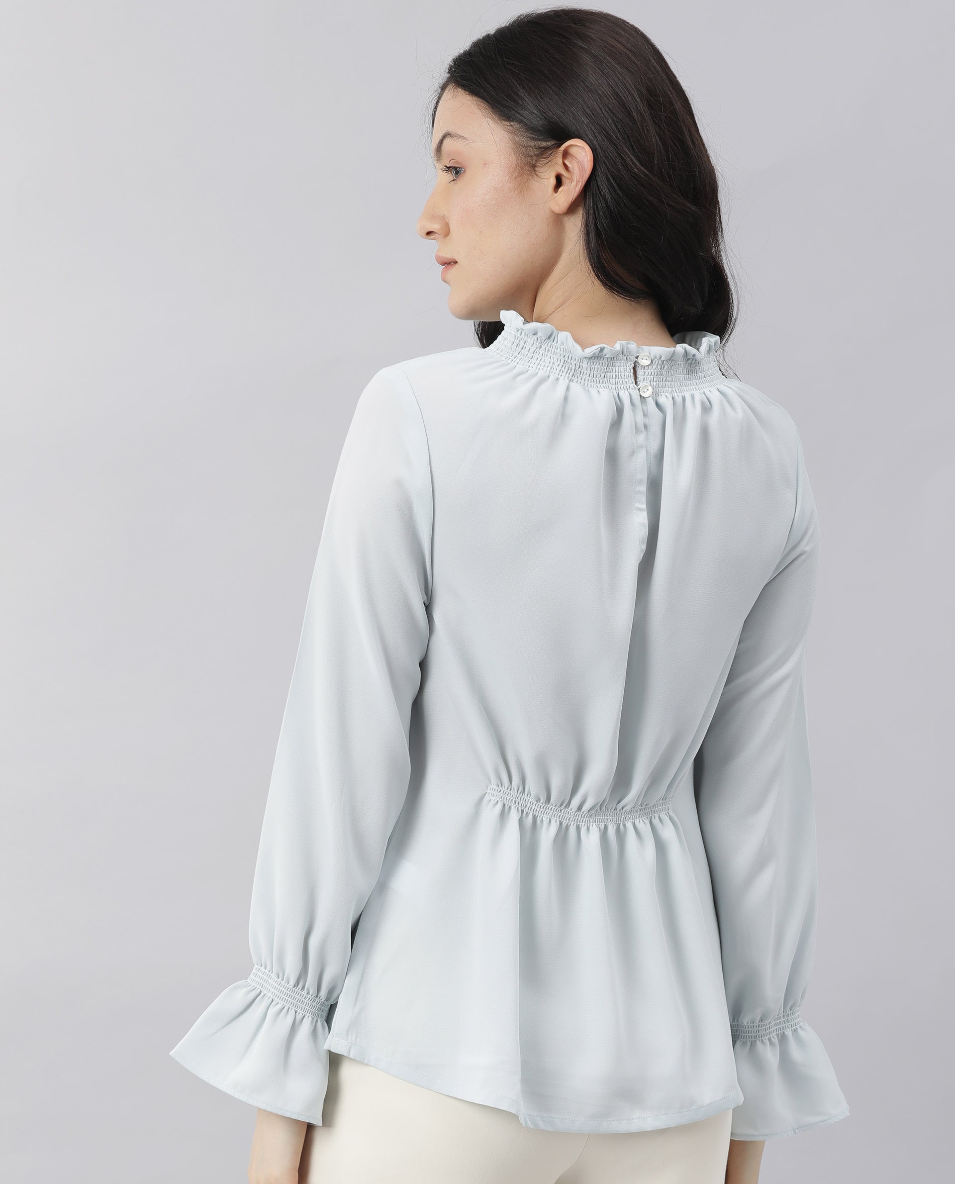 Rareism Womens Kusho Blue Top Viscose Fabric Relaxed Fit Full Sleeve High Neck