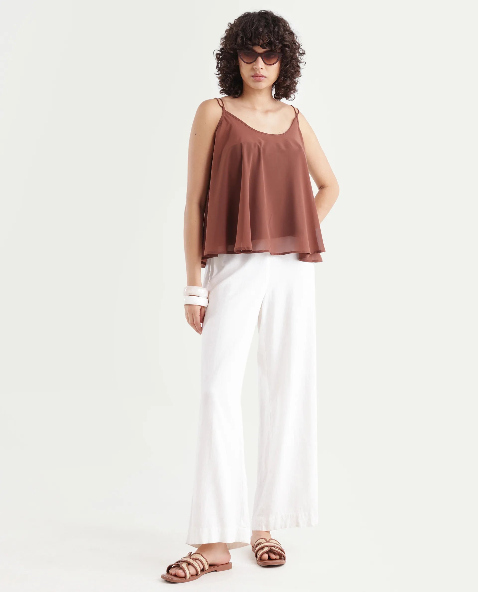 Rareism Women's Kuso Rust Polyester Shoulder Strap Plain Sleeveless Relaxed Fit Top