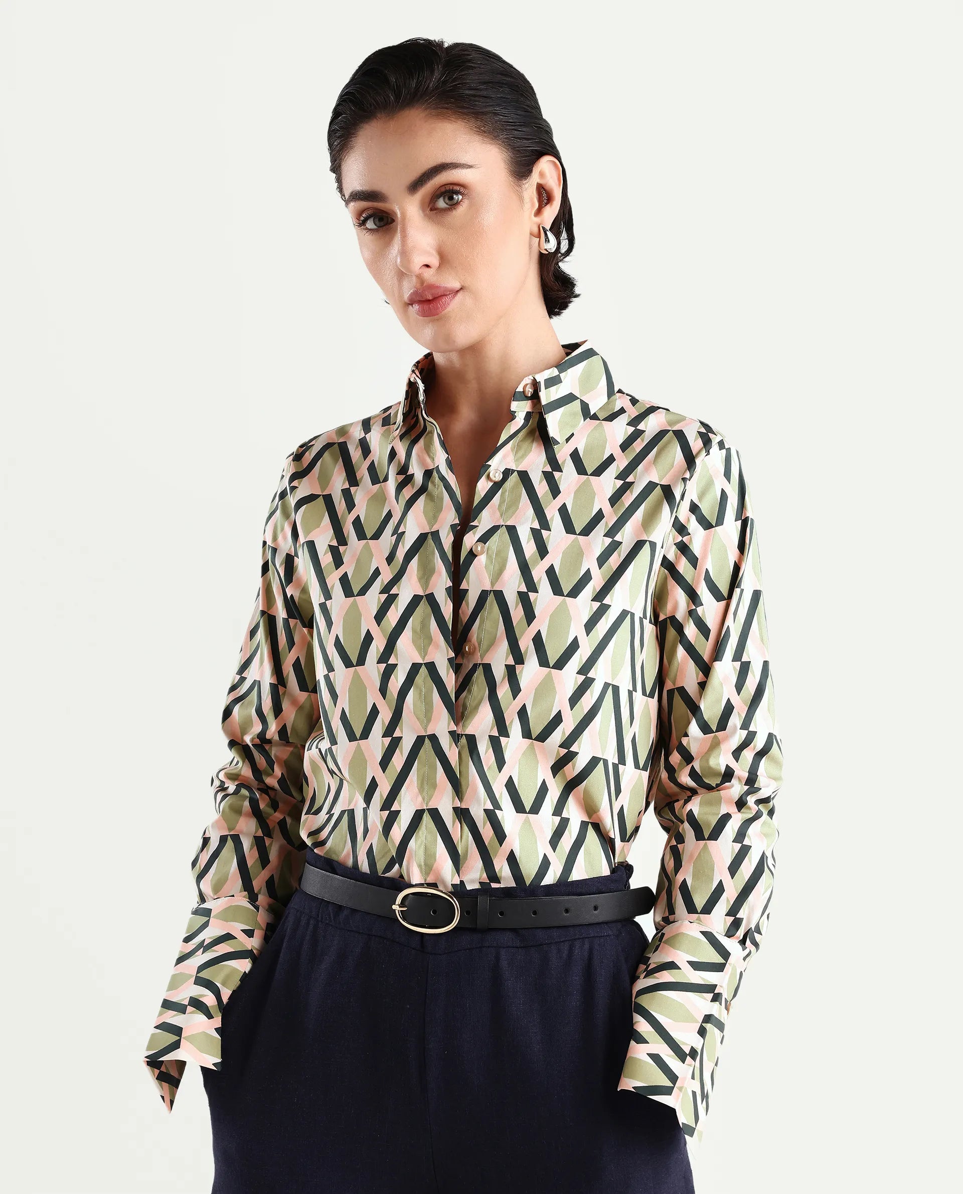 Rareism Women's Kuvin Multi Poplin Lycra Drop Collar Geometric Print Cuffed Sleeve Regular Fit Top