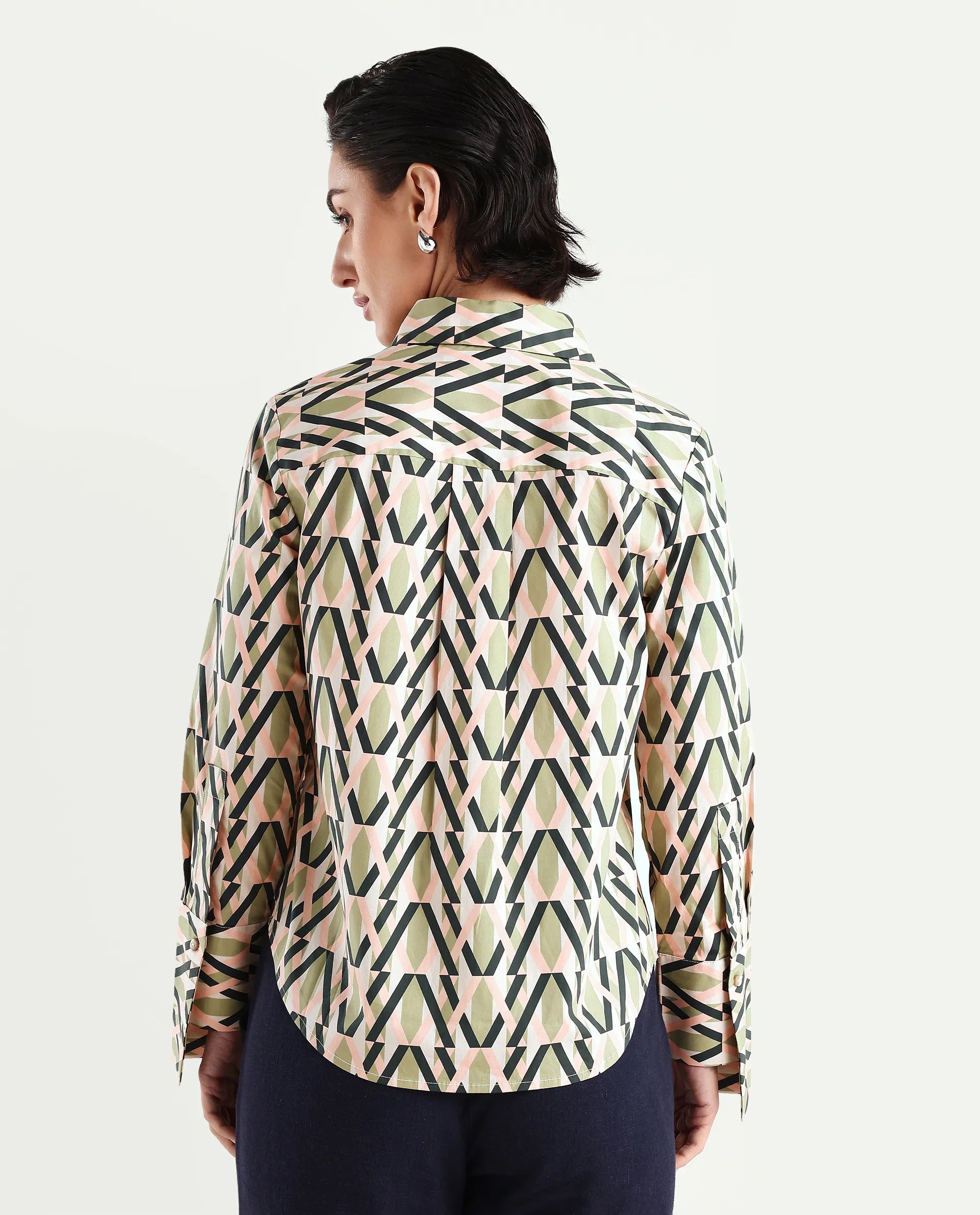 Rareism Women's Kuvin Multi Poplin Lycra Drop Collar Geometric Print Cuffed Sleeve Regular Fit Top