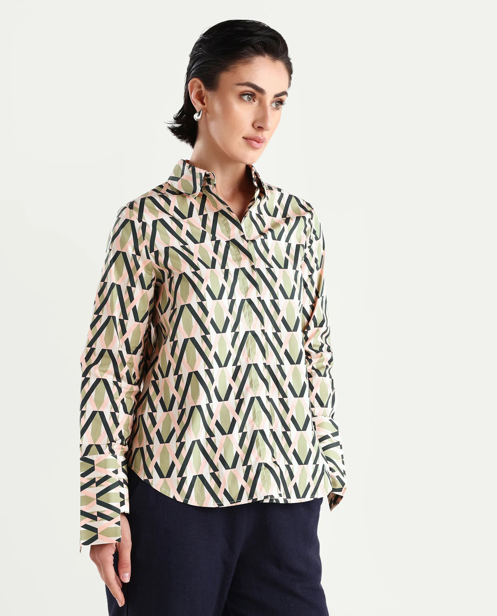 Rareism Women's Kuvin Multi Poplin Lycra Drop Collar Geometric Print Cuffed Sleeve Regular Fit Top