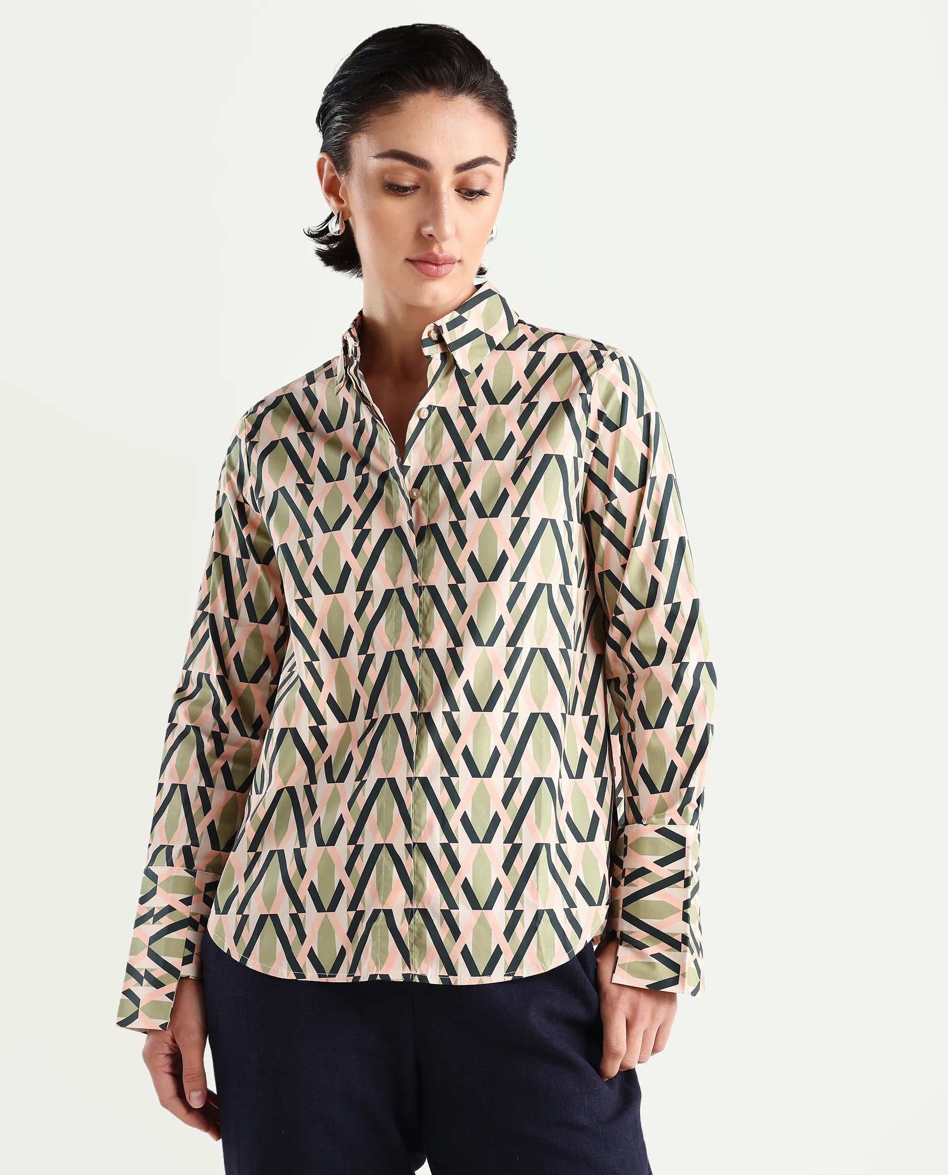 Rareism Women's Kuvin Multi Poplin Lycra Drop Collar Geometric Print Cuffed Sleeve Regular Fit Top