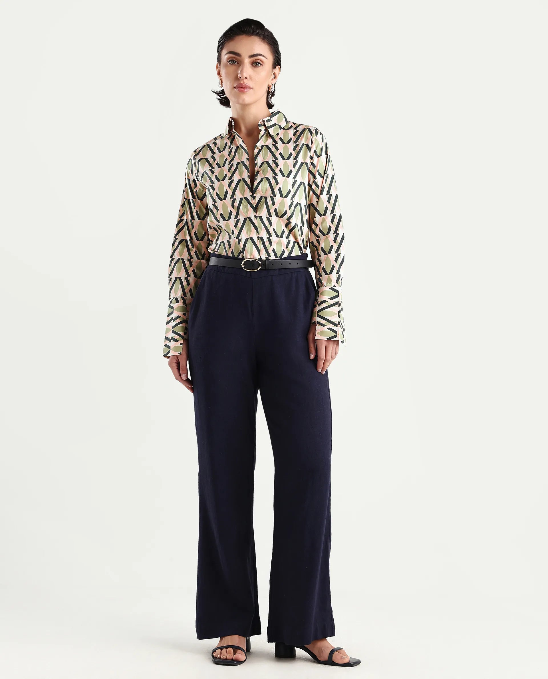 Rareism Women's Kuvin Multi Poplin Lycra Drop Collar Geometric Print Cuffed Sleeve Regular Fit Top