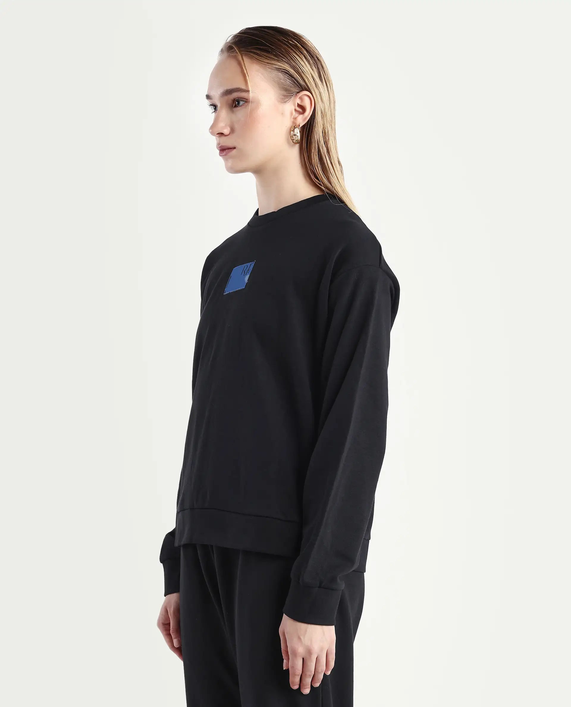 Rareism Women's Kuyum Black Cotton Blend Crew Neck Typography Print Regular Fit Sweatshirt