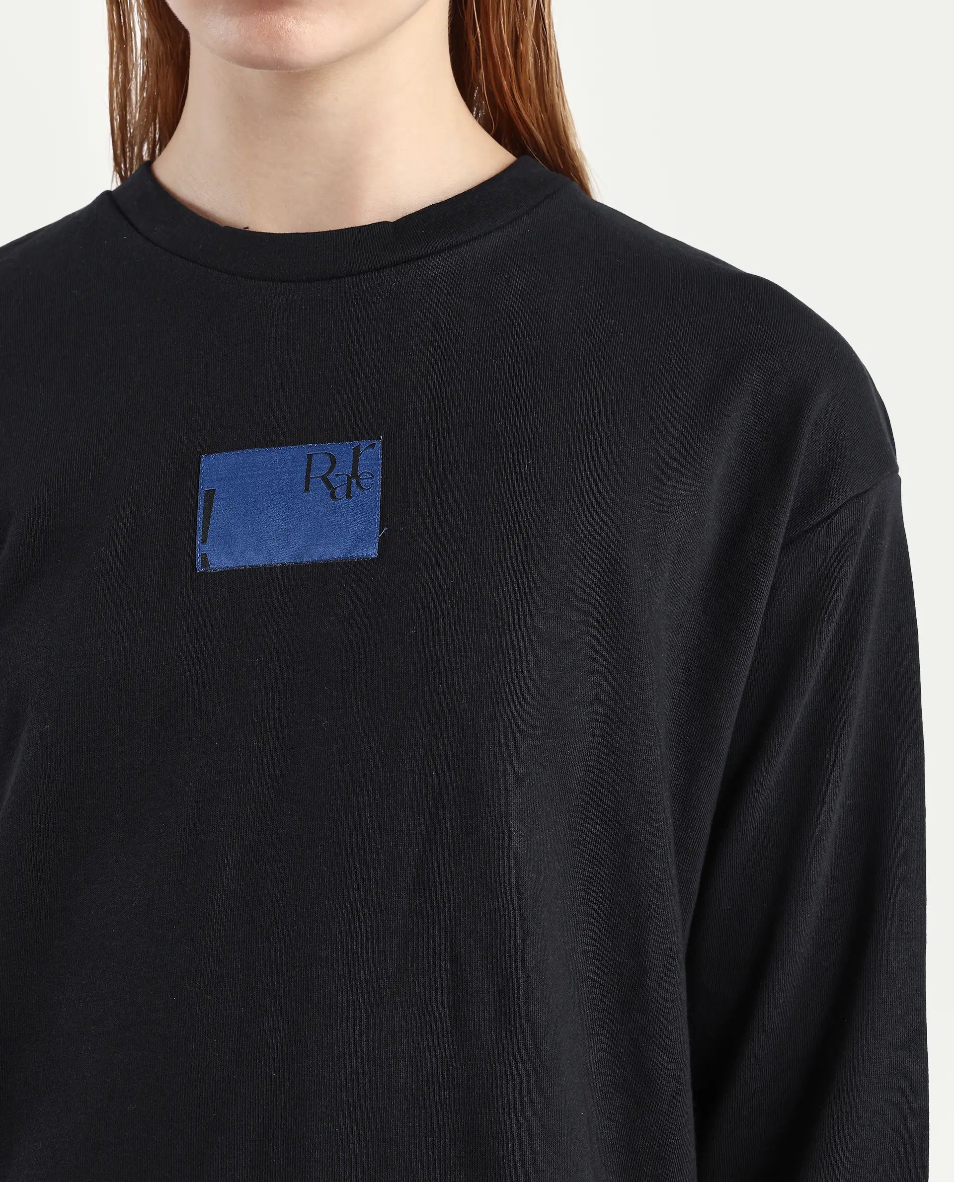 Rareism Women's Kuyum Black Cotton Blend Crew Neck Typography Print Regular Fit Sweatshirt