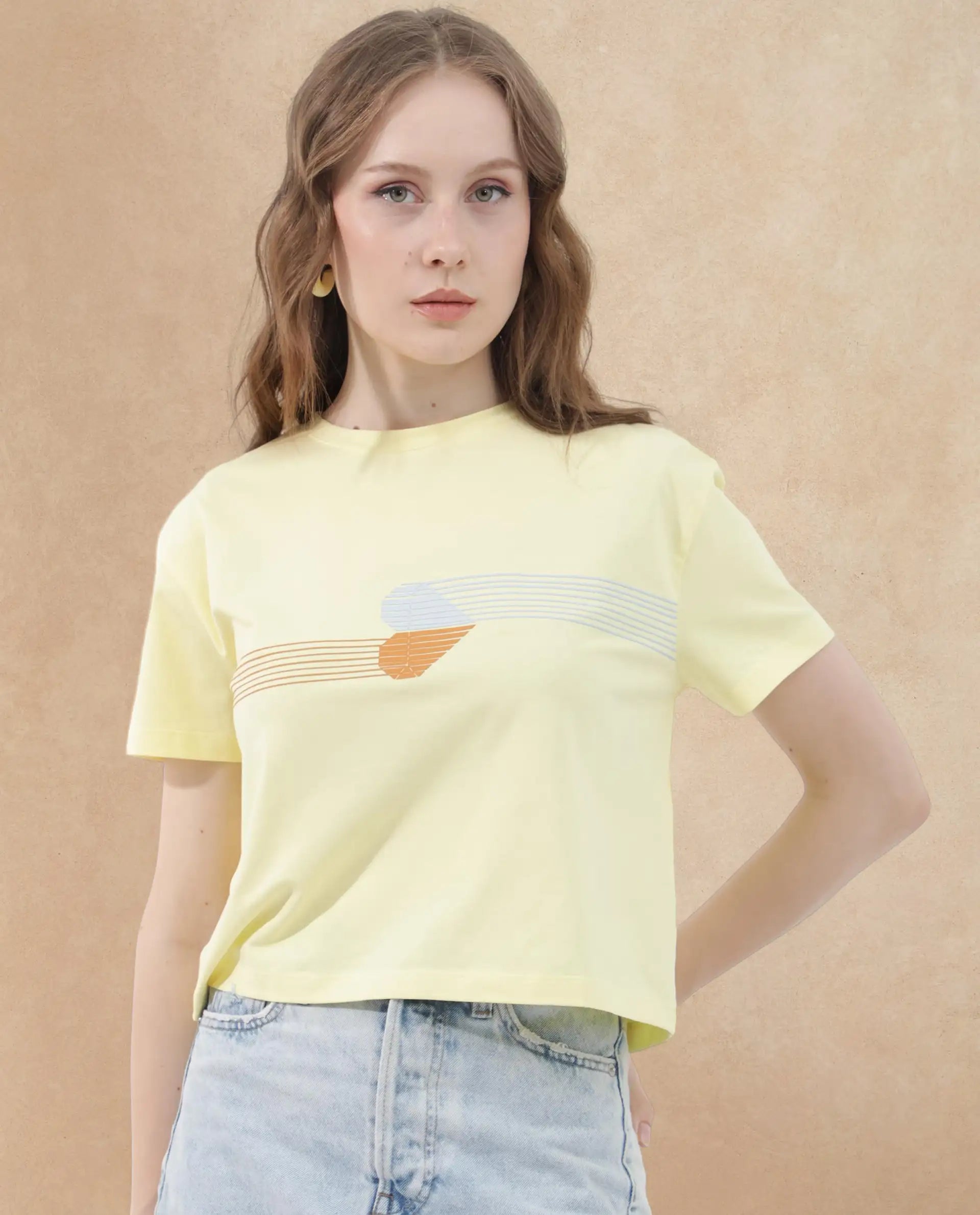 Rareism Women Kuncro Yellow Cotton Elastane Fabric Crew Neck Knit Solid T-Shirt