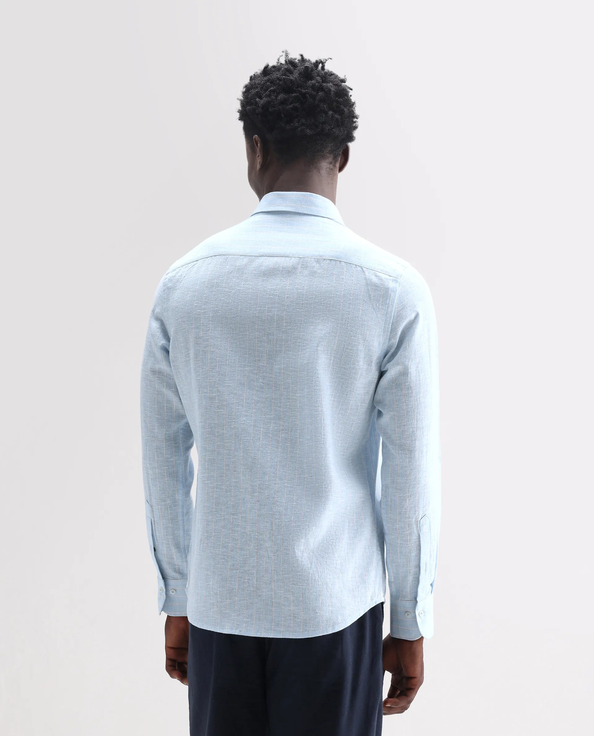 Rare Rabbit Men's Kylo Light Blue 100% Linen Striped Print Regular Fit Full Sleeve Collared Shirt