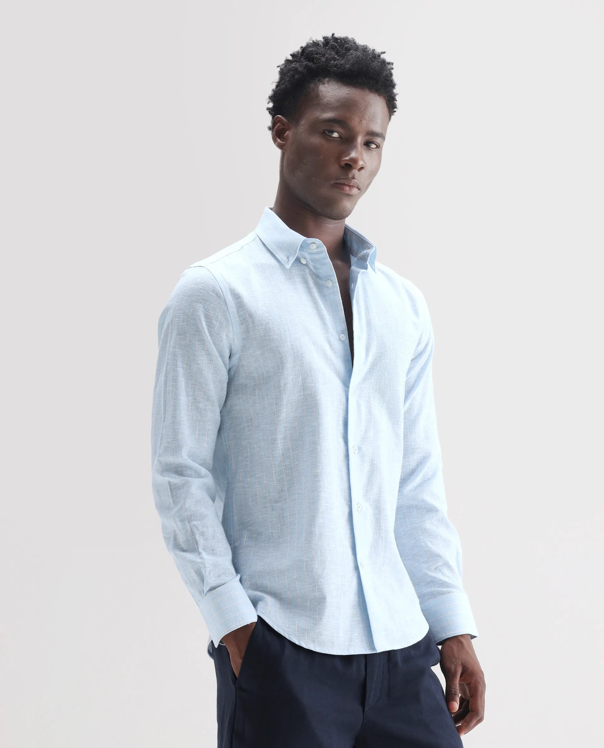 Rare Rabbit Men's Kylo Light Blue 100% Linen Striped Print Regular Fit Full Sleeve Collared Shirt