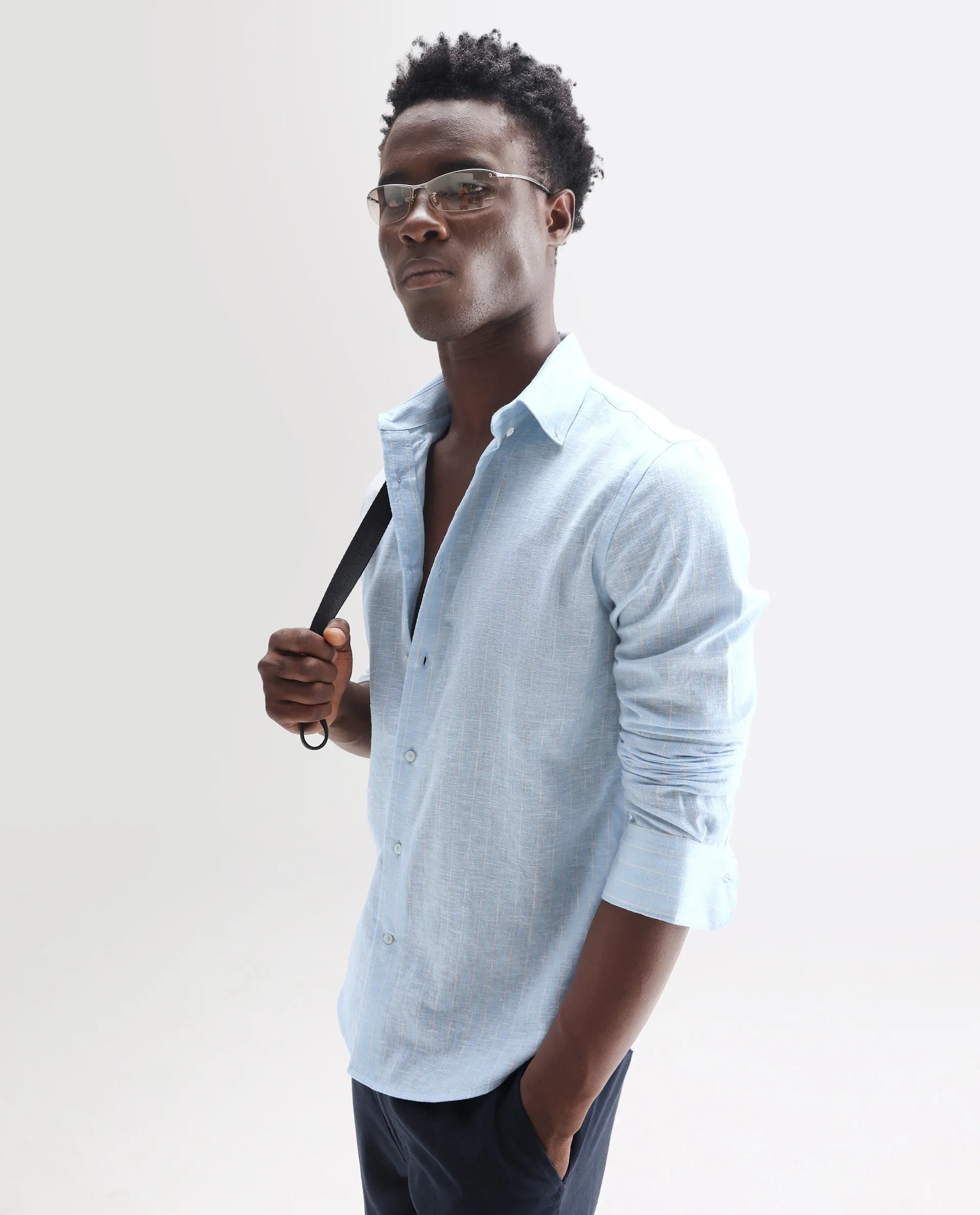 Rare Rabbit Men's Kylo Light Blue 100% Linen Striped Print Regular Fit Full Sleeve Collared Shirt