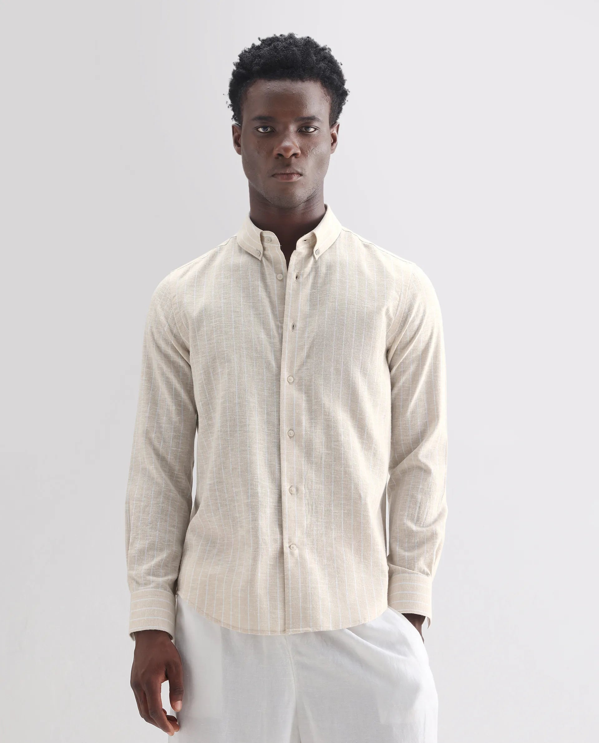 Rare Rabbit Men's Kylo Khaki 100% Linen Striped Print Regular Fit Full Sleeve Collared Shirt