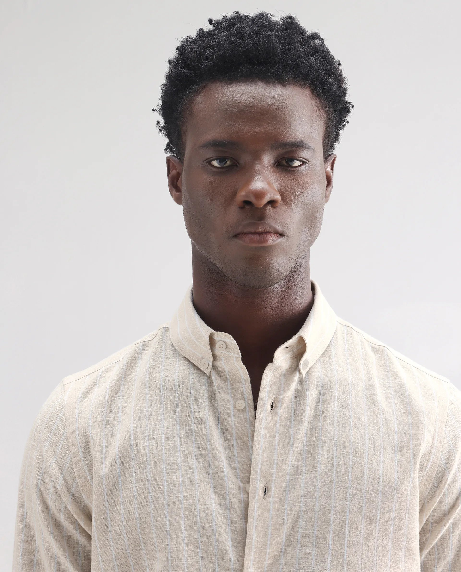 Rare Rabbit Men's Kylo Khaki 100% Linen Striped Print Regular Fit Full Sleeve Collared Shirt