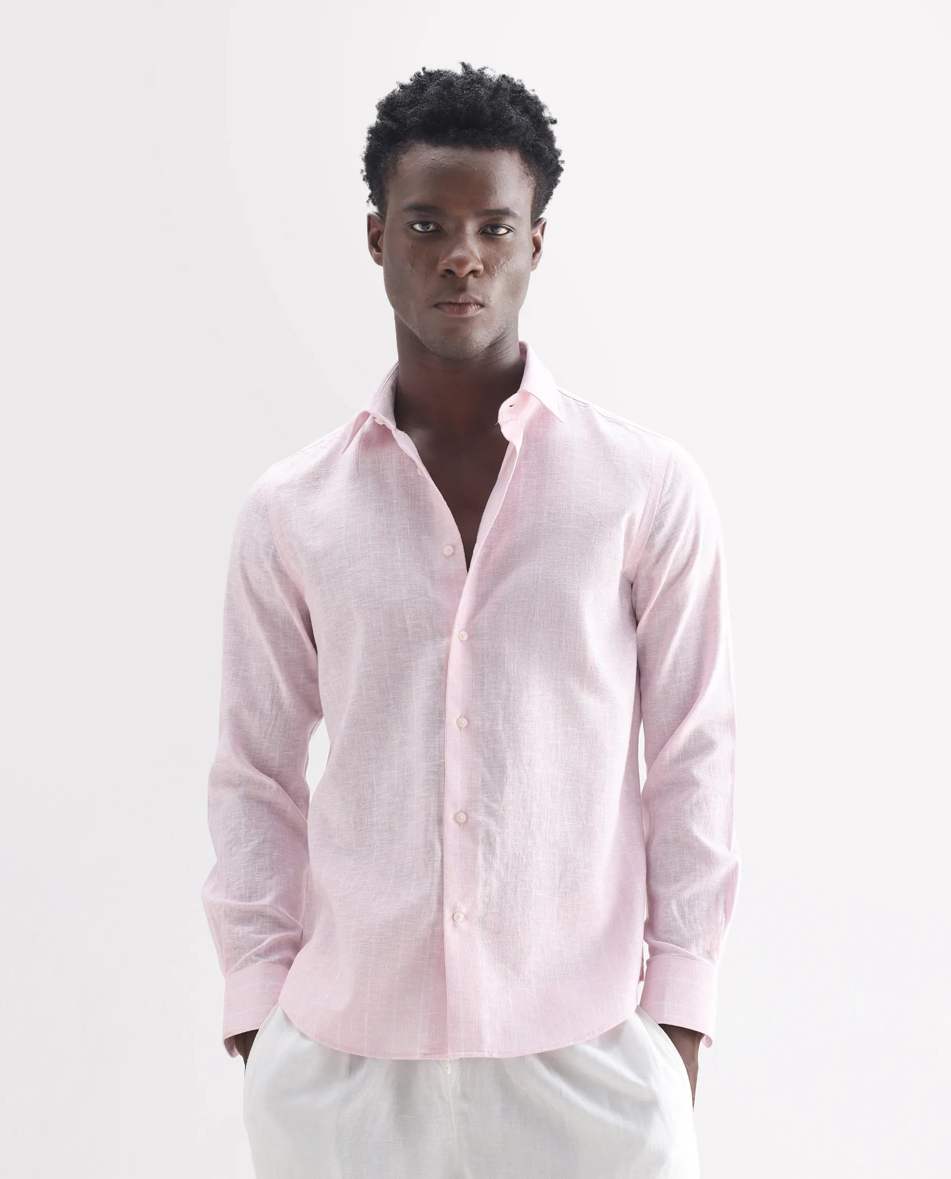 Rare Rabbit Men's Kylo Pink 100% Linen Striped Print Regular Fit Full Sleeve Collared Shirt