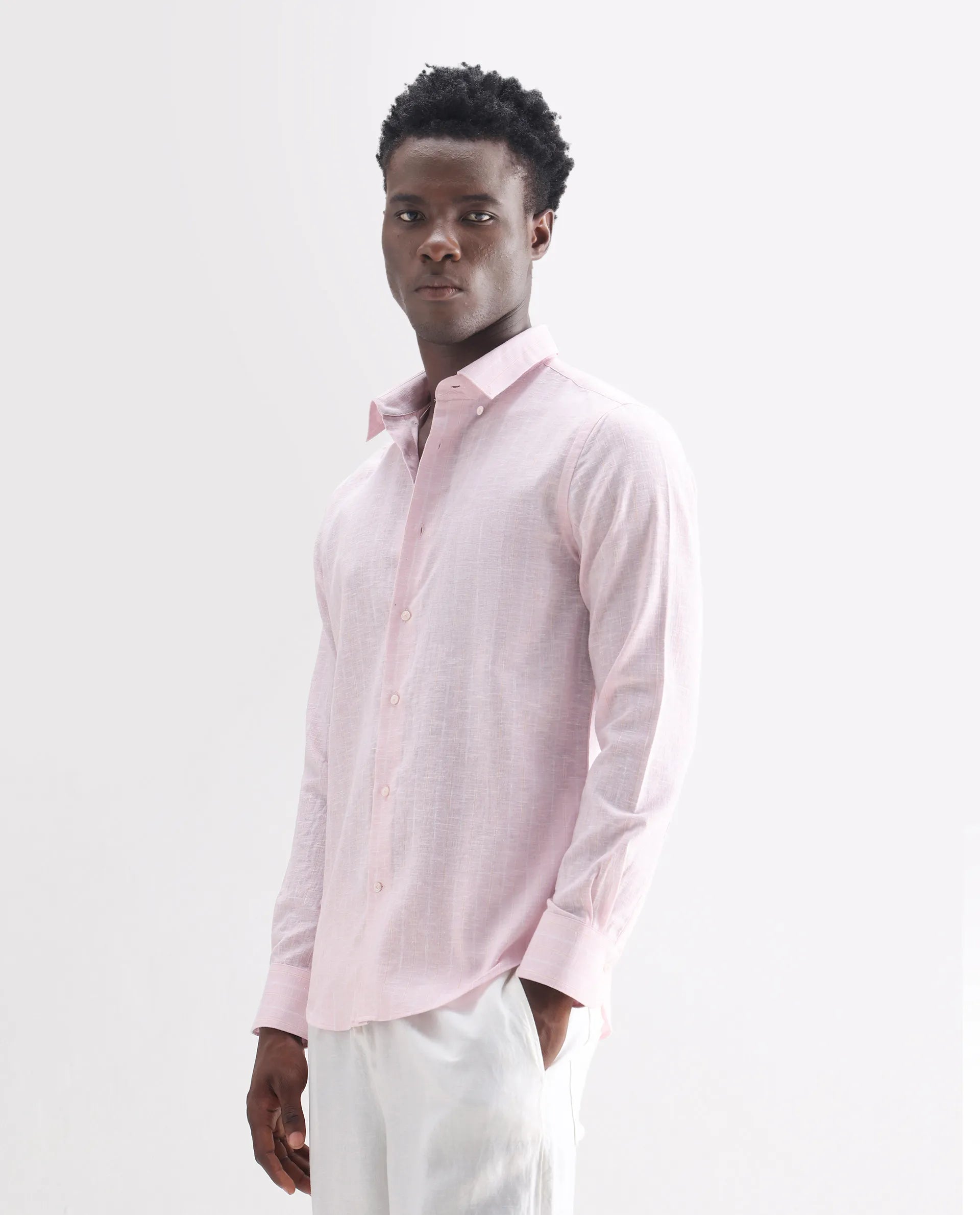 Rare Rabbit Men's Kylo Pink 100% Linen Striped Print Regular Fit Full Sleeve Collared Shirt