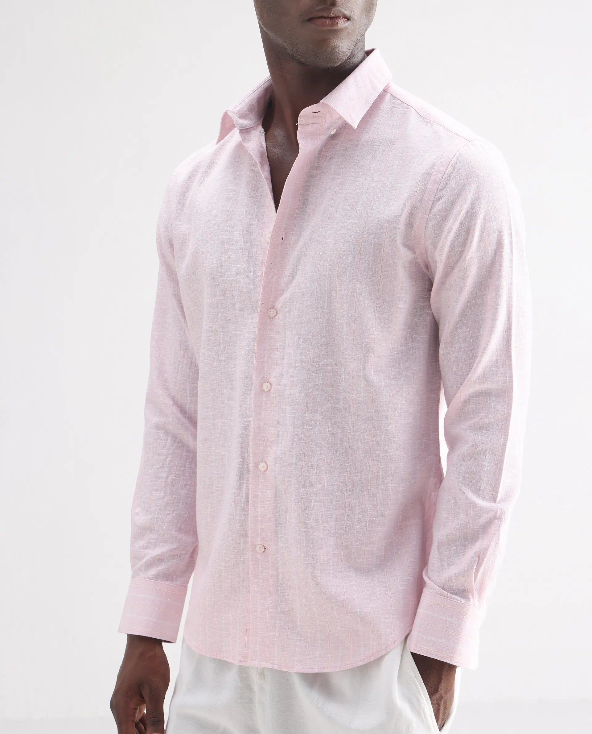 Rare Rabbit Men's Kylo Pink 100% Linen Striped Print Regular Fit Full Sleeve Collared Shirt