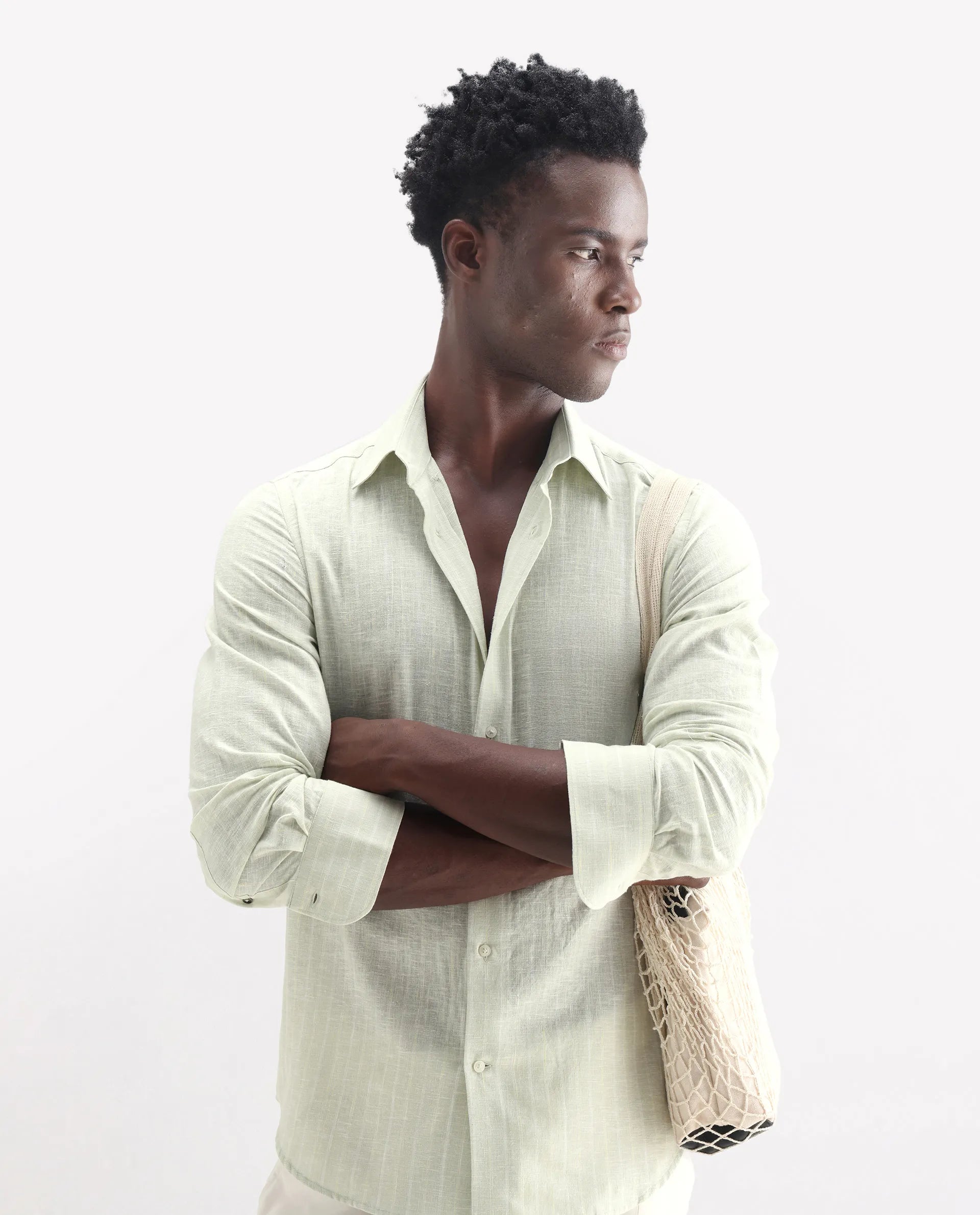 Rare Rabbit Men's Kylo Sage 100% Linen Striped Print Regular Fit Full Sleeve Collared Shirt