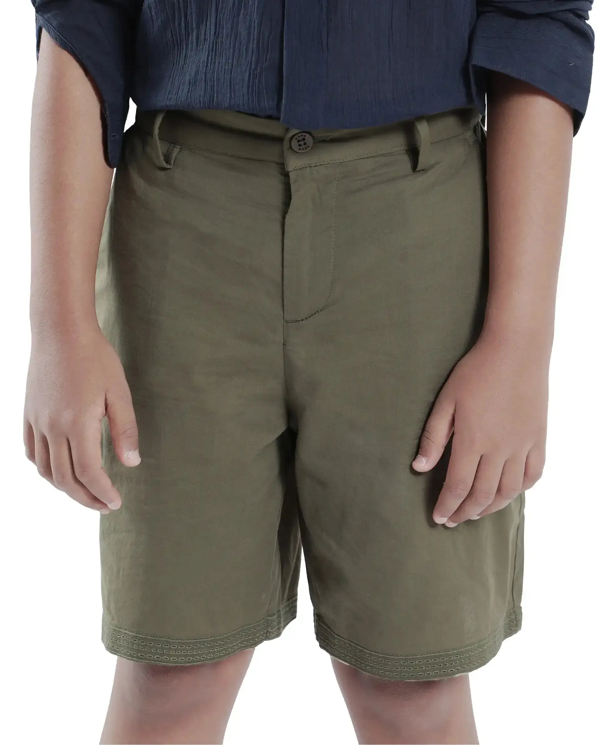 Rare Ones Kids Kyte-B Olive Cotton Button And Zip Closure Solid Regular Fit Shorts