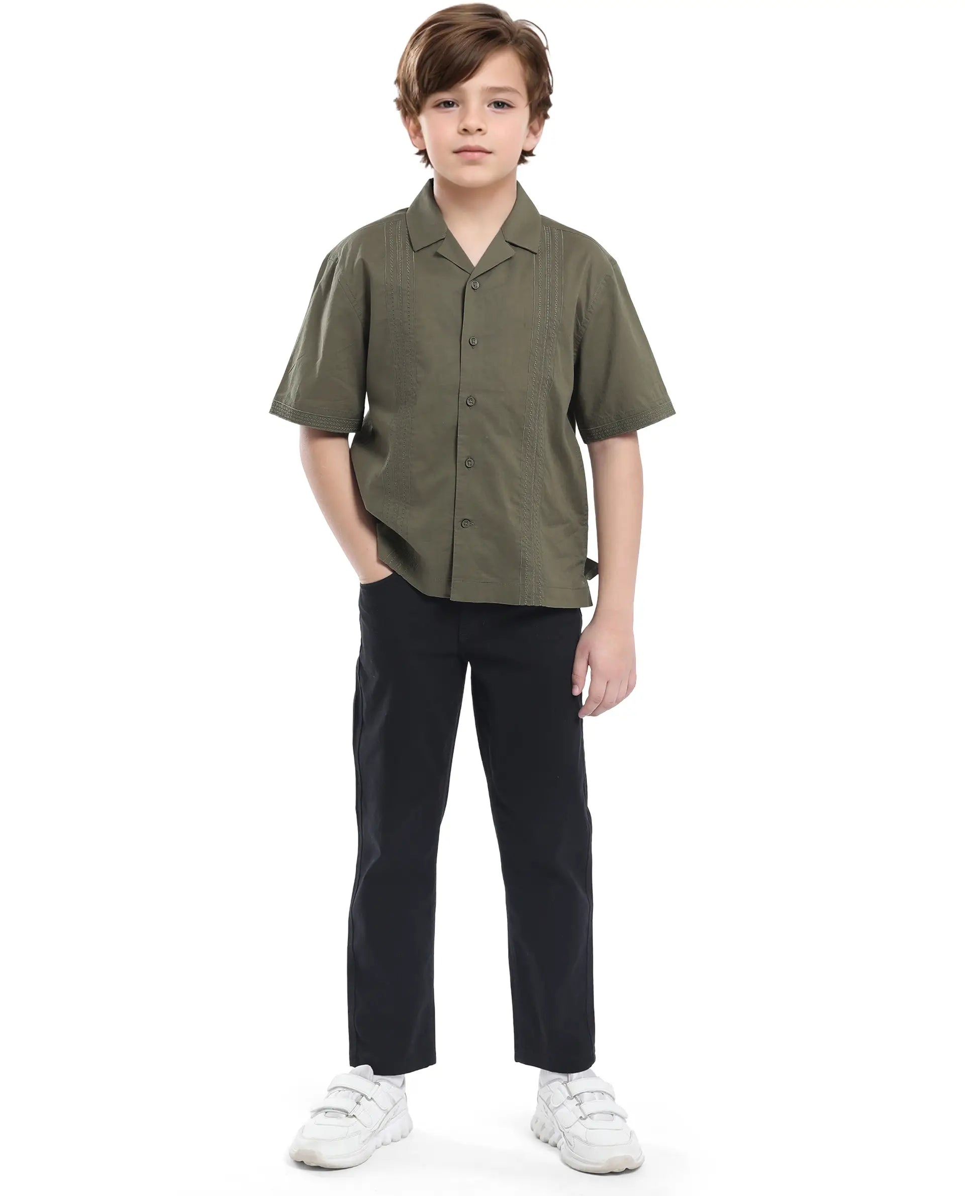 Rare Ones Kids Kyte-S Olive Cotton Half Sleeve Solid Button Closure Regular Fit Shirt