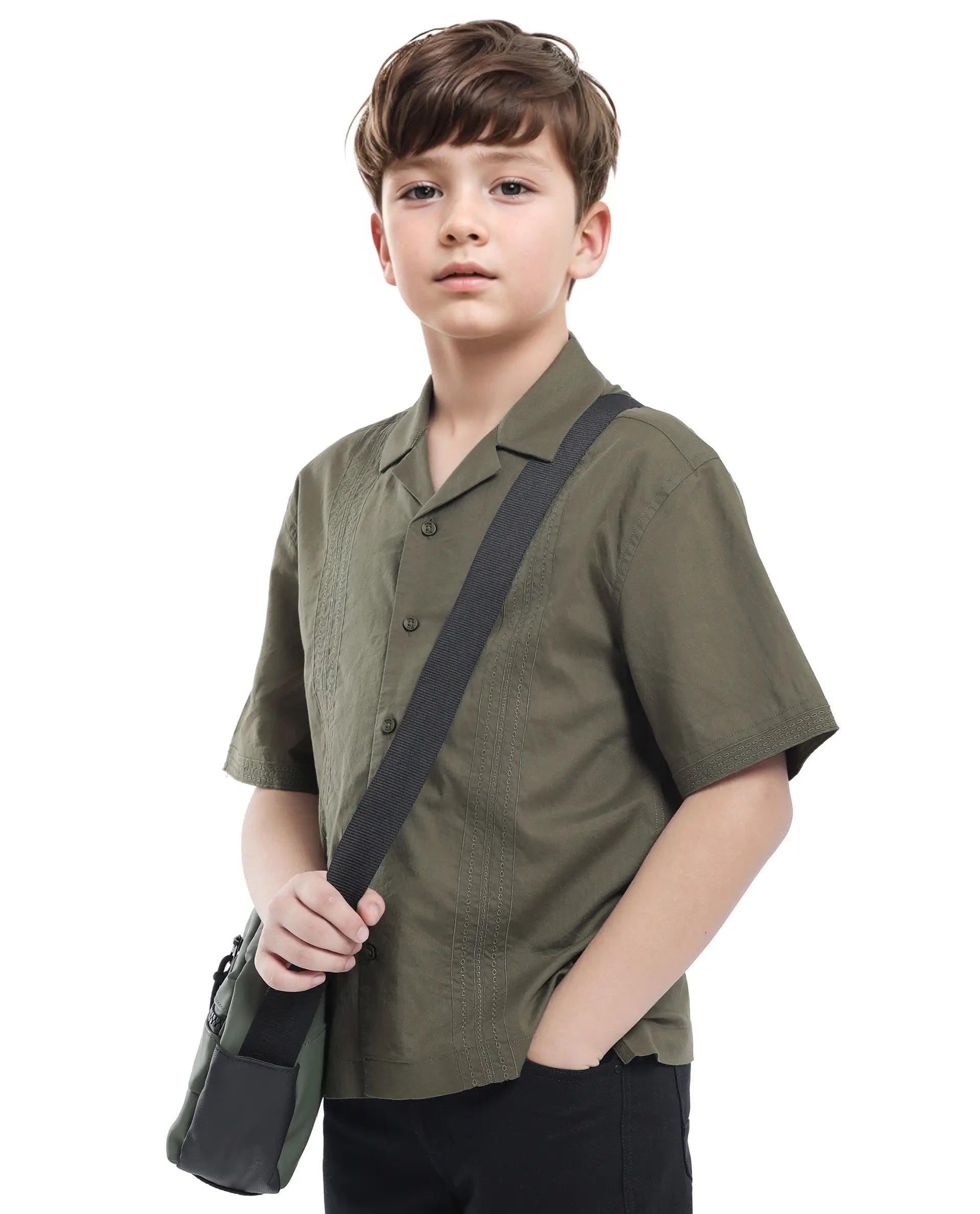 Rare Ones Kids Kyte-S Olive Cotton Half Sleeve Solid Button Closure Regular Fit Shirt