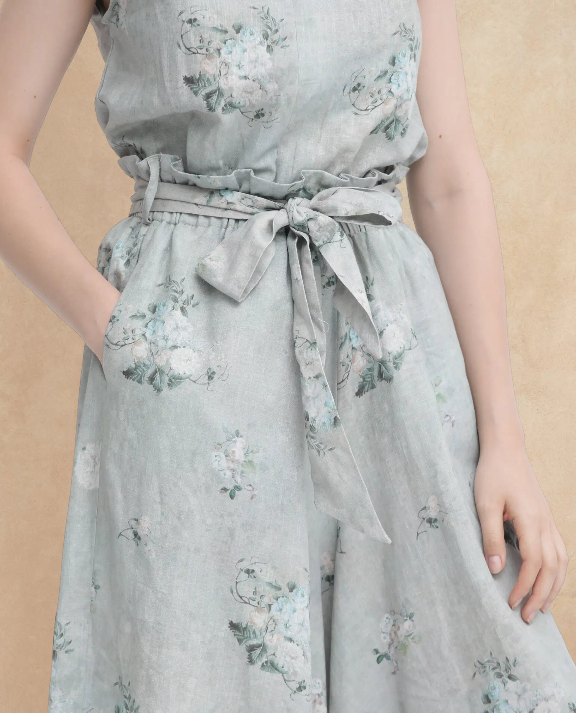 Rareism Women's Kyul-B Dusky Green Linen Floral Print Ankle Length Flared Trouser