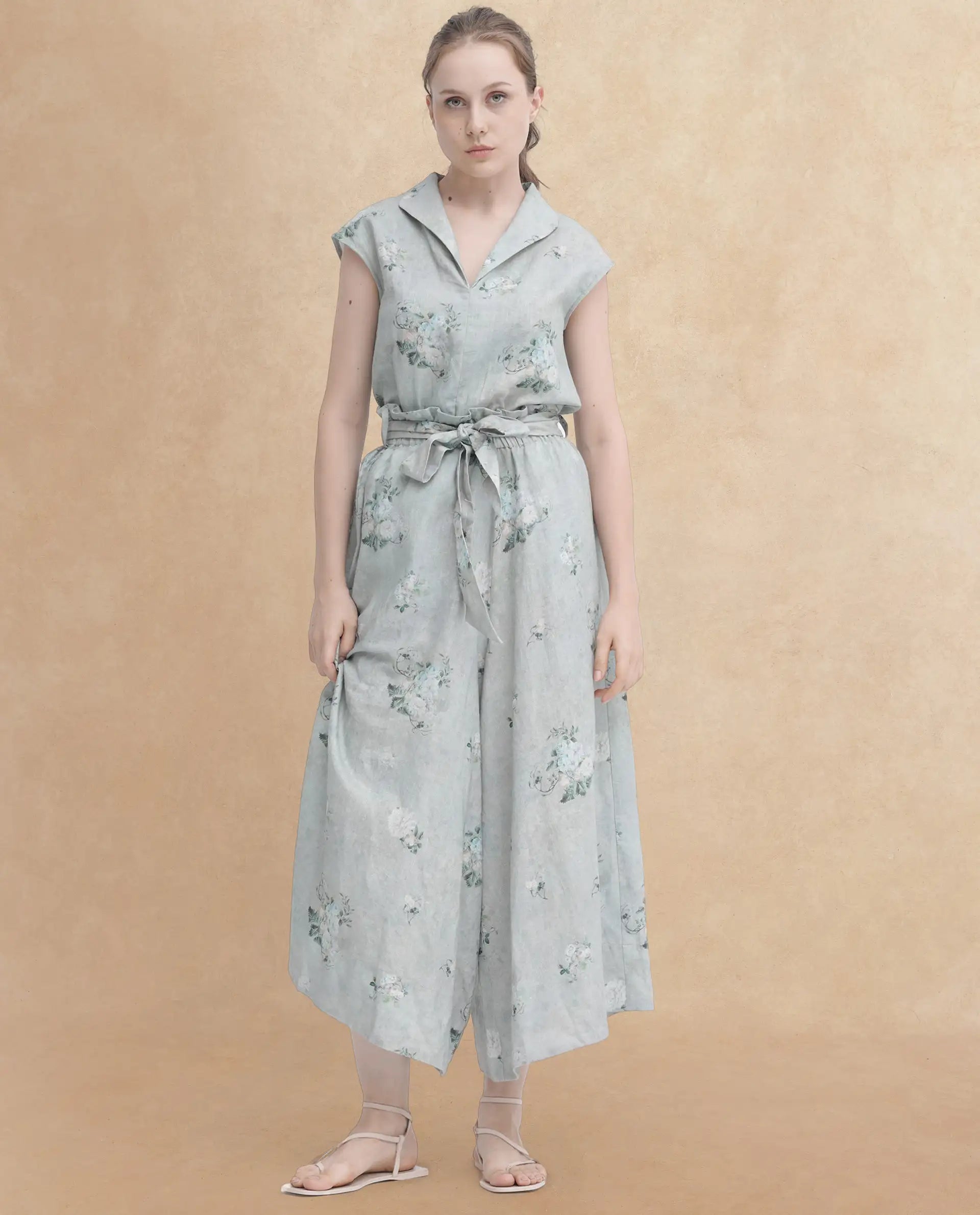 Rareism Women's Kyul-B Dusky Green Linen Floral Print Ankle Length Flared Trouser