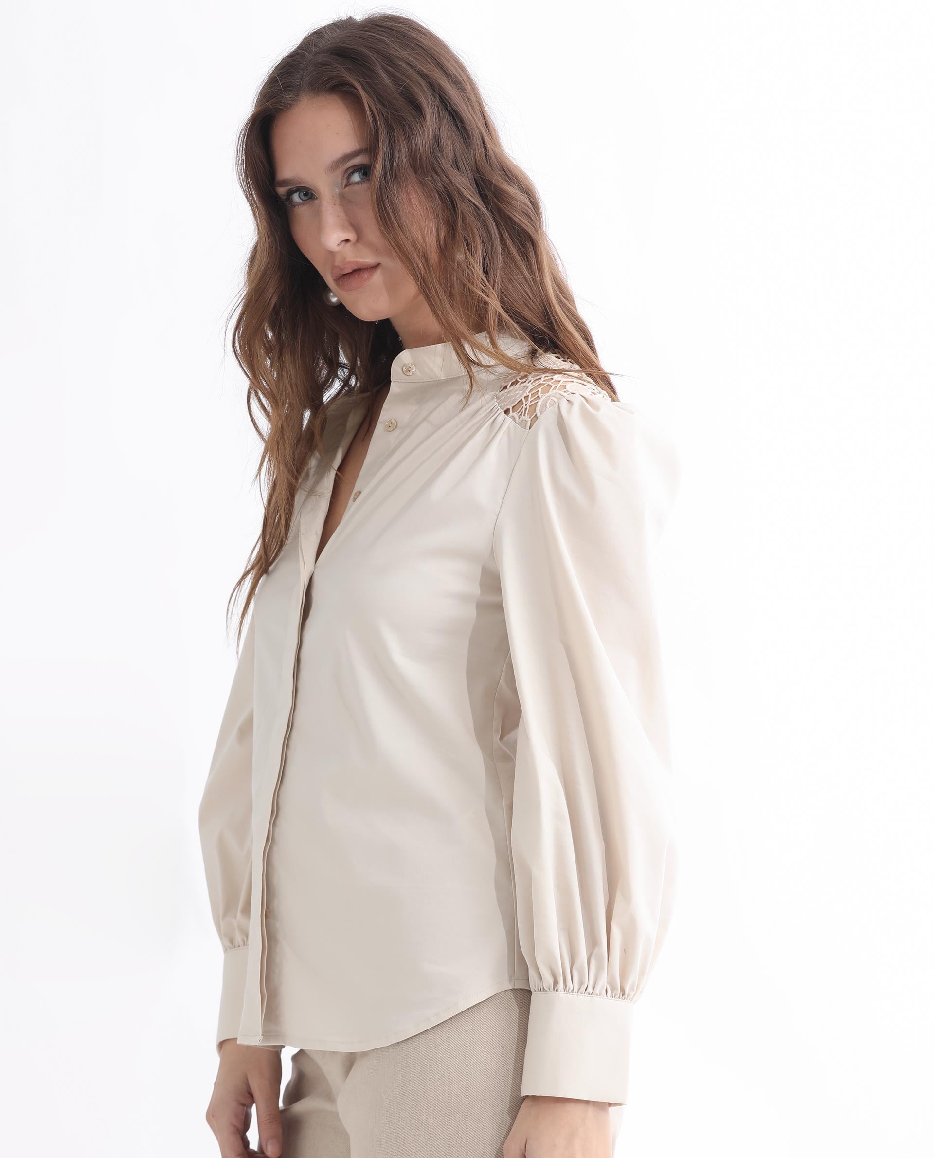 Rareism Women Laam Light Beige Cotton Blend Fabric Regular Fit Mandarin Collar Full Sleeves Solid Top