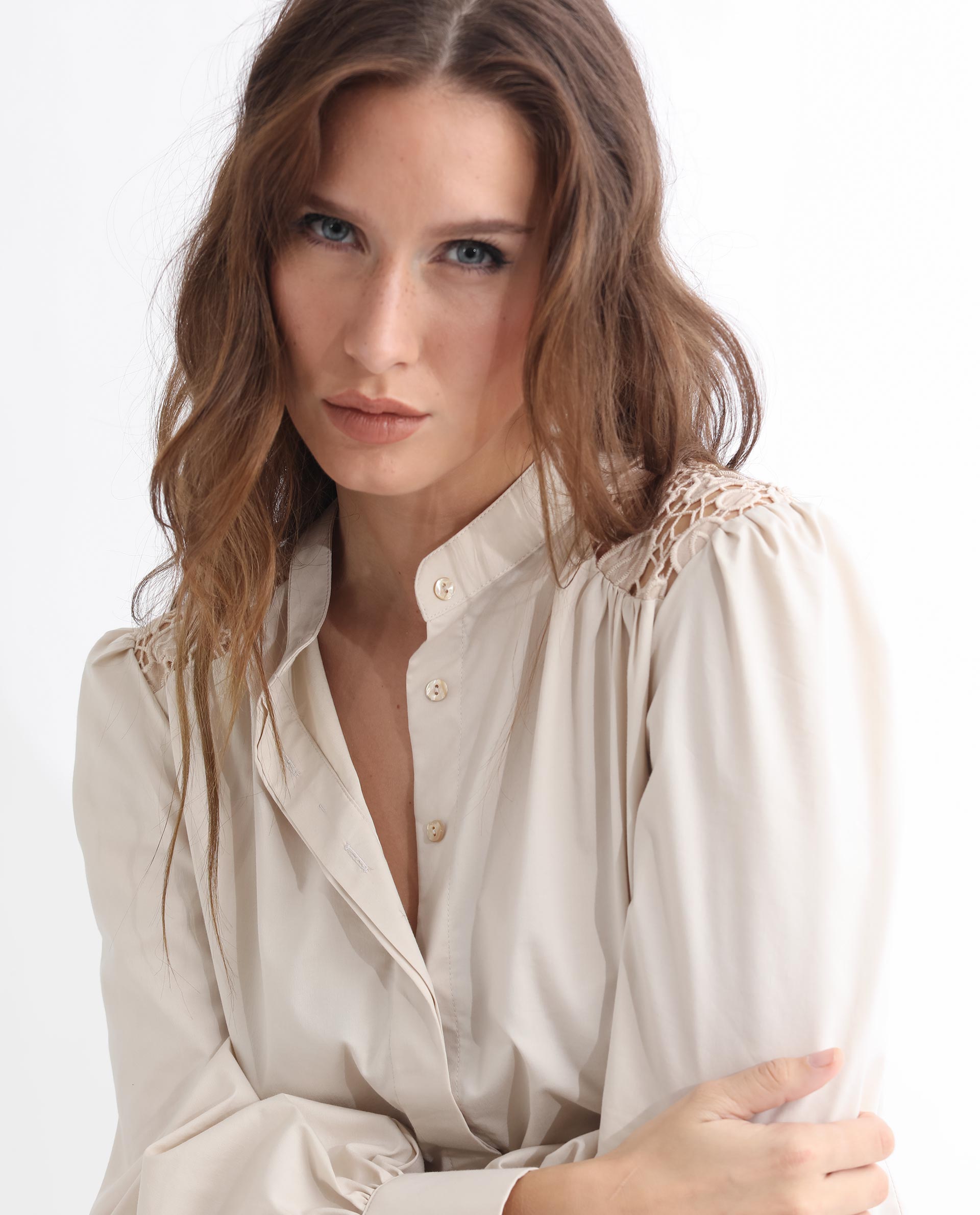 Rareism Women Laam Light Beige Cotton Blend Fabric Regular Fit Mandarin Collar Full Sleeves Solid Top