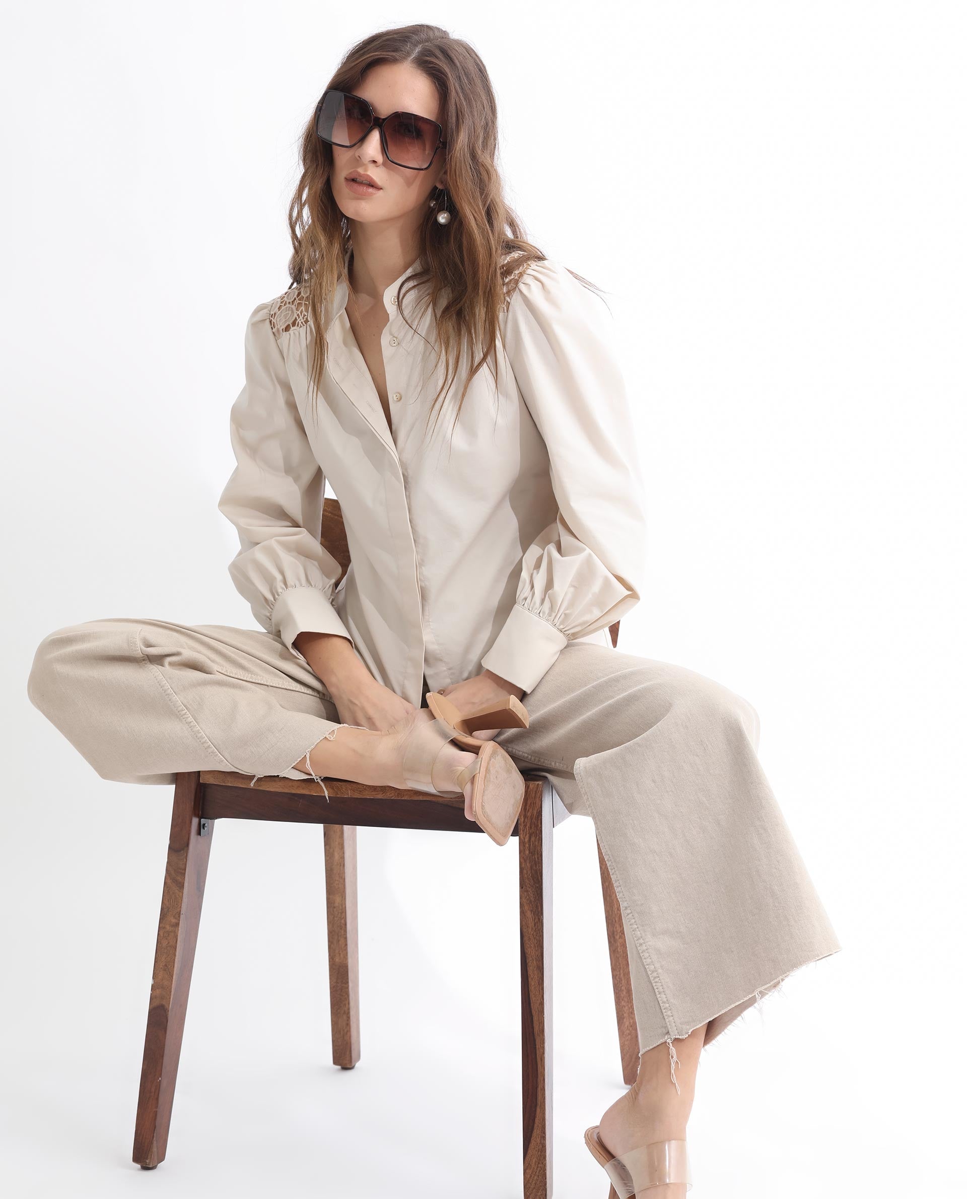 Rareism Women Laam Light Beige Cotton Blend Fabric Regular Fit Mandarin Collar Full Sleeves Solid Top