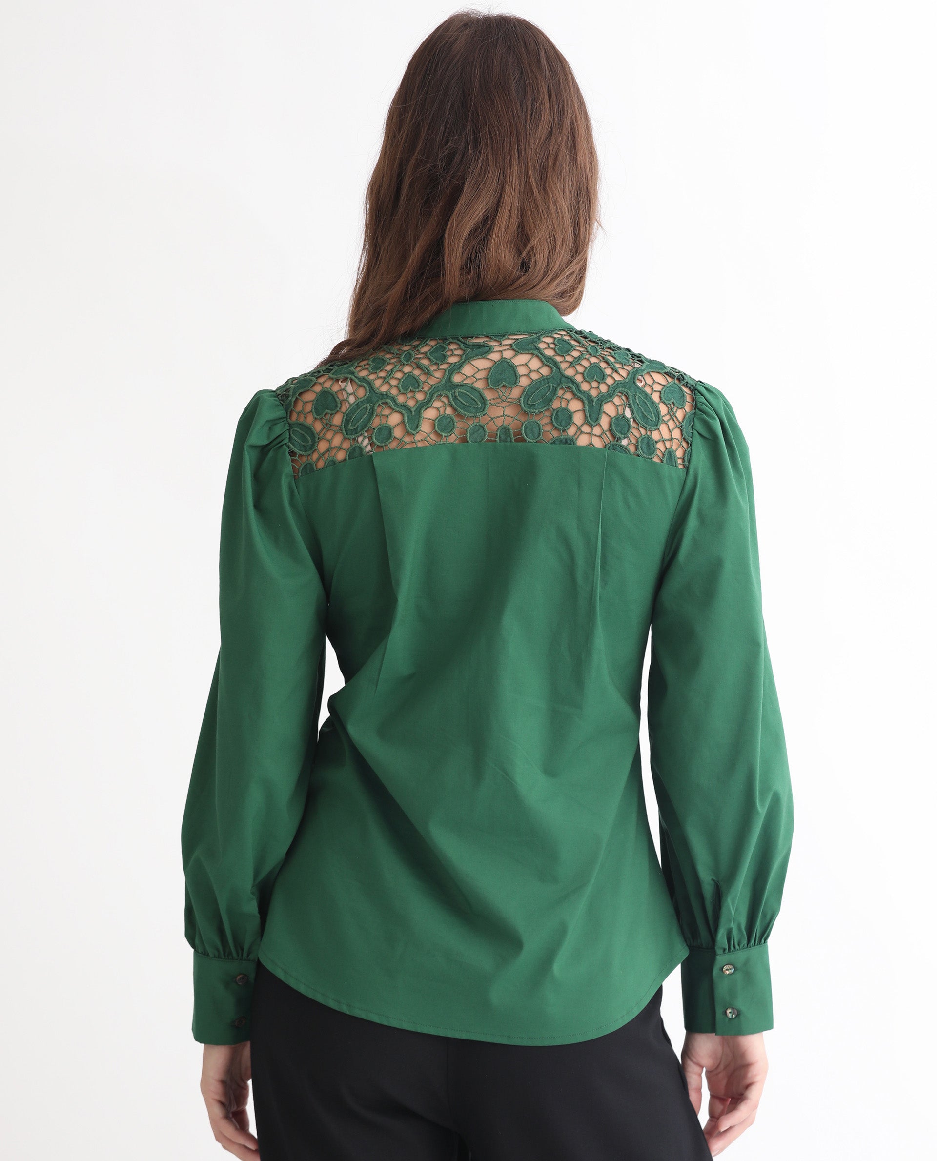 Rareism Women Laam Dark Green Cotton Blend Fabric Regular Fit Mandarin Collar Full Sleeves Solid Top
