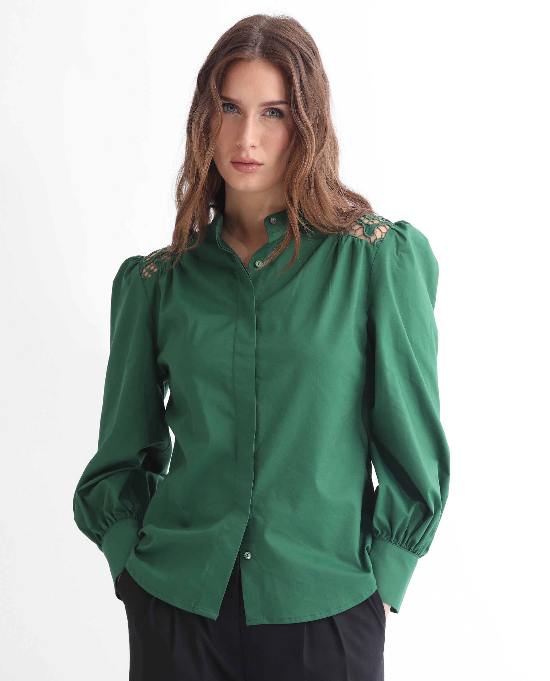 Rareism Women Laam Dark Green Cotton Blend Fabric Regular Fit Mandarin Collar Full Sleeves Solid Top
