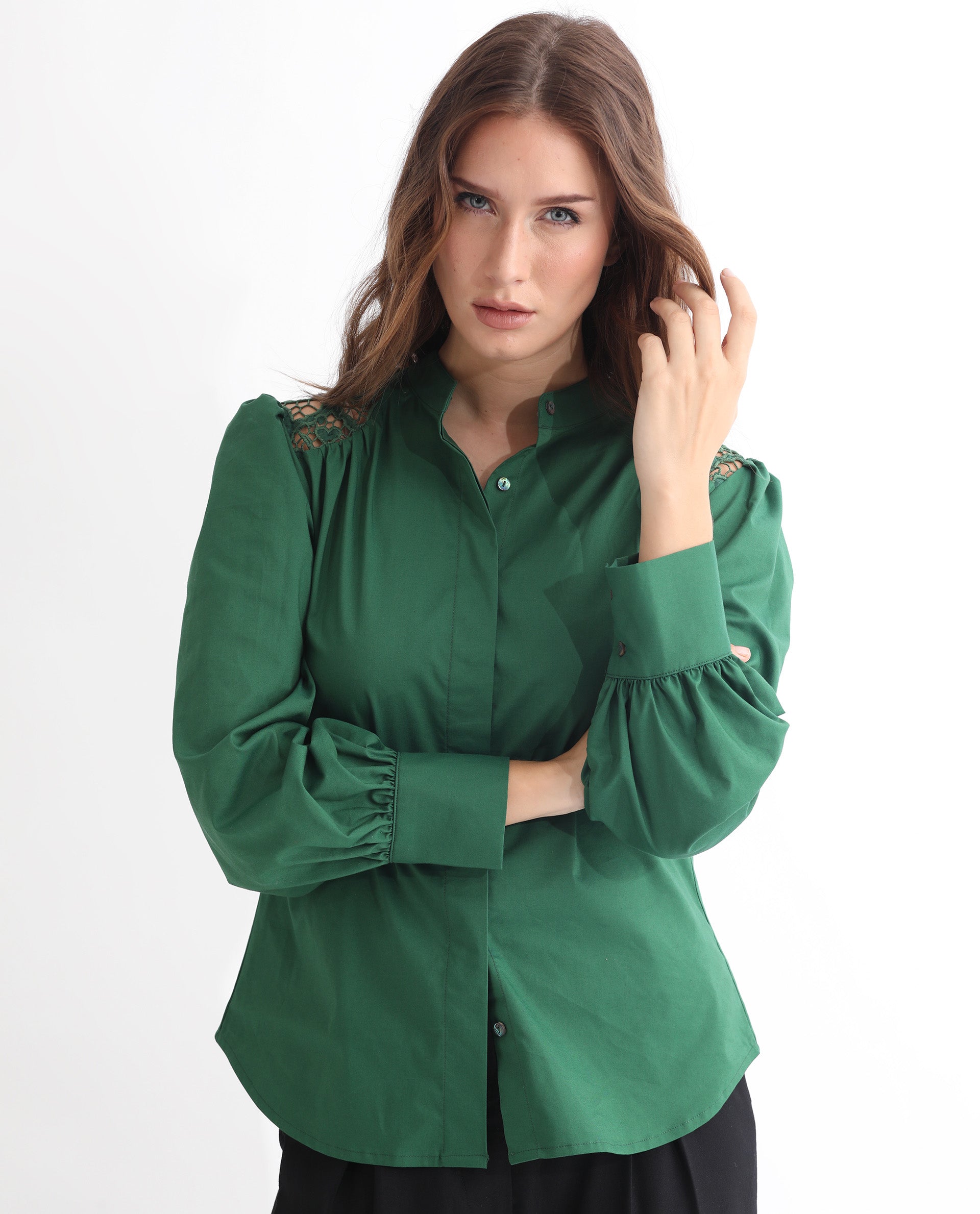 Rareism Women Laam Dark Green Cotton Blend Fabric Regular Fit Mandarin Collar Full Sleeves Solid Top