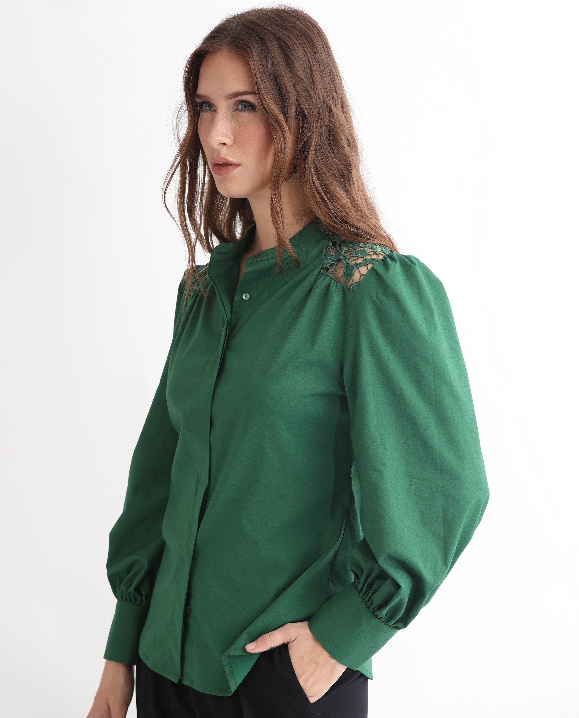 Rareism Women Laam Dark Green Cotton Blend Fabric Regular Fit Mandarin Collar Full Sleeves Solid Top