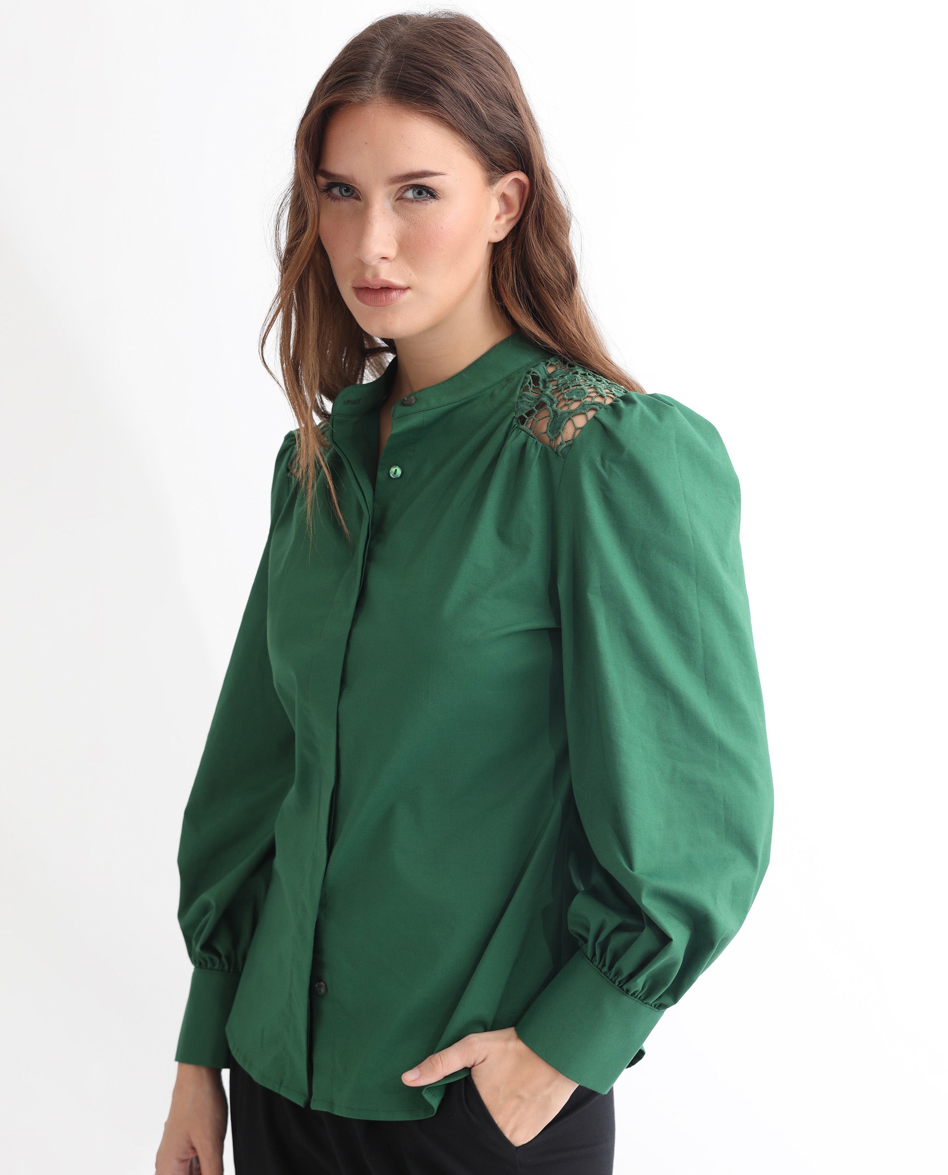 Rareism Women Laam Dark Green Cotton Blend Fabric Regular Fit Mandarin Collar Full Sleeves Solid Top