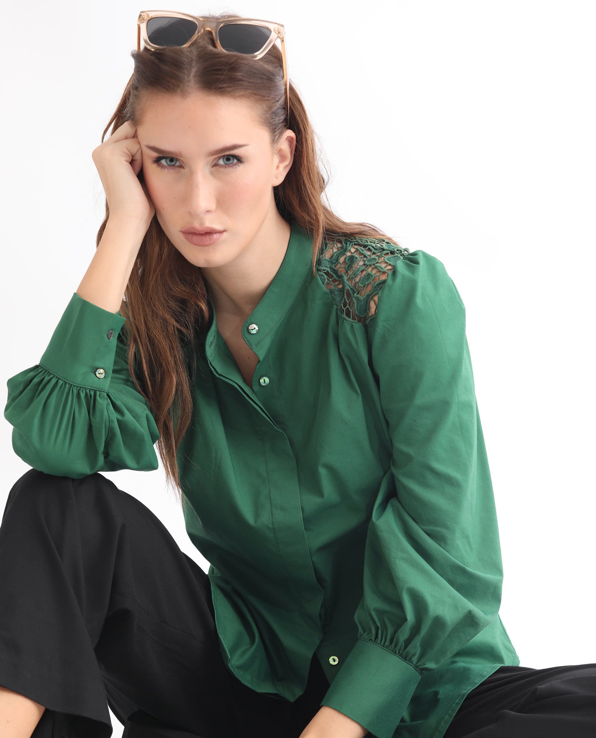 Rareism Women Laam Dark Green Cotton Blend Fabric Regular Fit Mandarin Collar Full Sleeves Solid Top