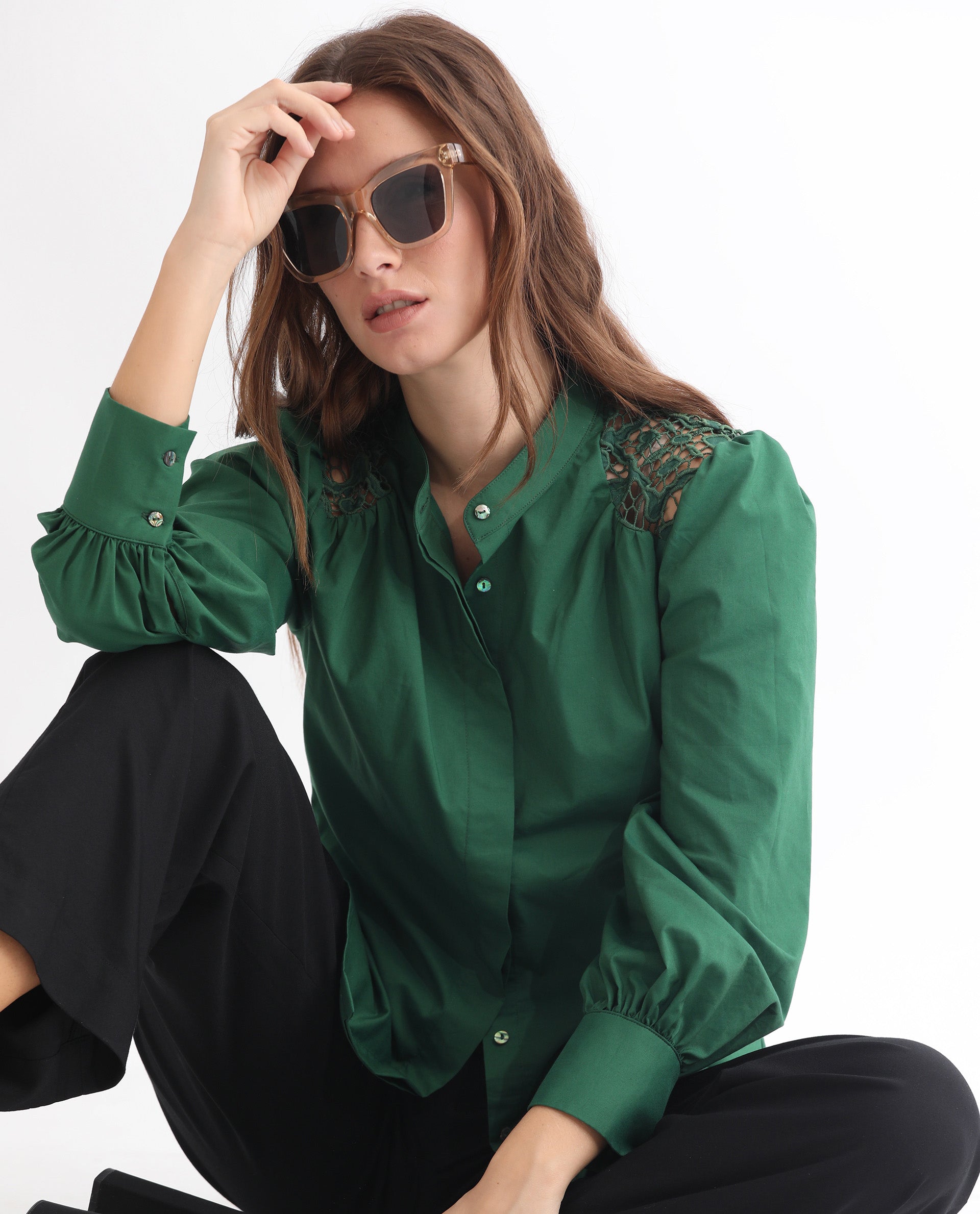 Rareism Women Laam Dark Green Cotton Blend Fabric Regular Fit Mandarin Collar Full Sleeves Solid Top
