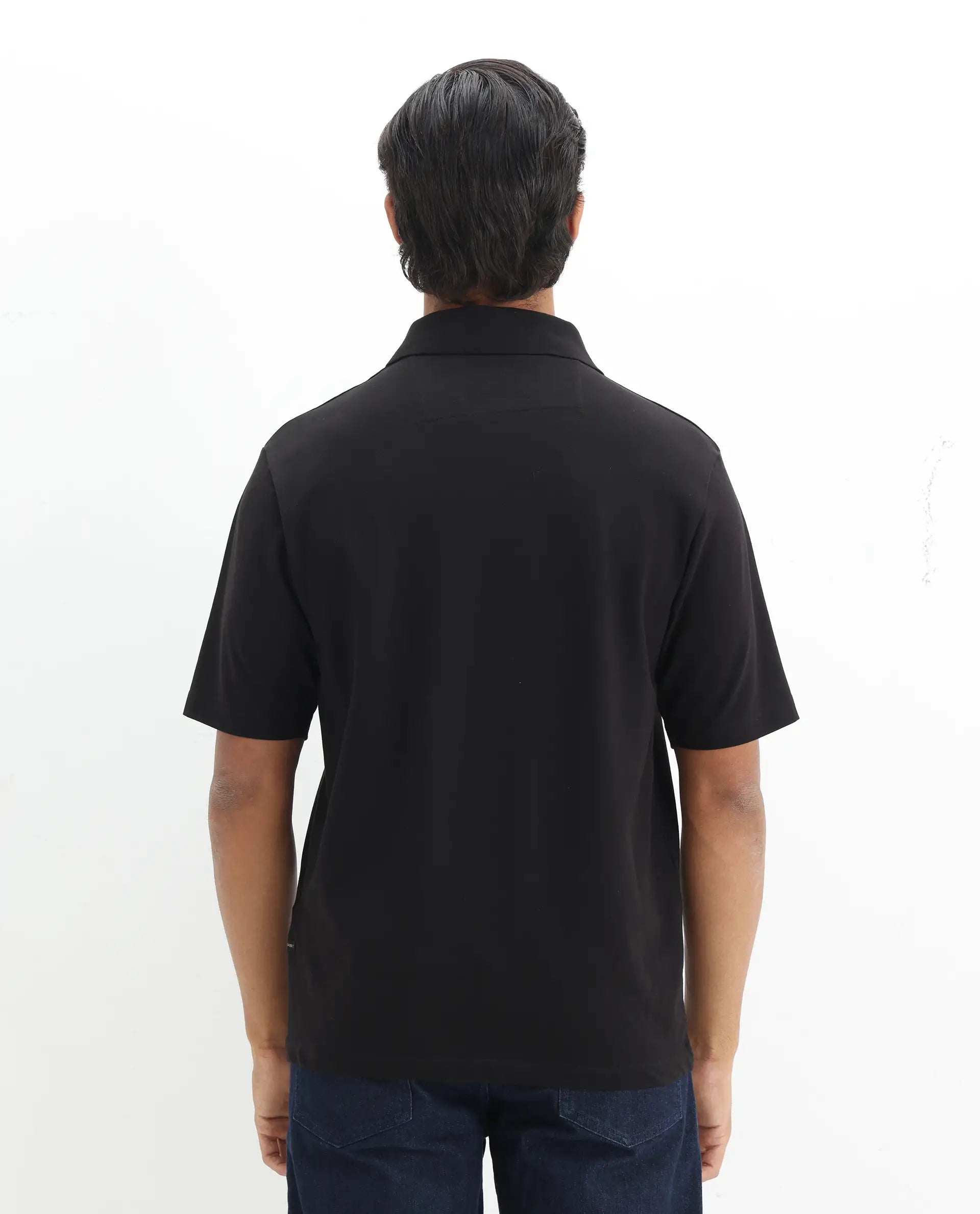 Rare Rabbit Men's Labe Black Cotton Plain Oversized Fit Half Sleeve Polo