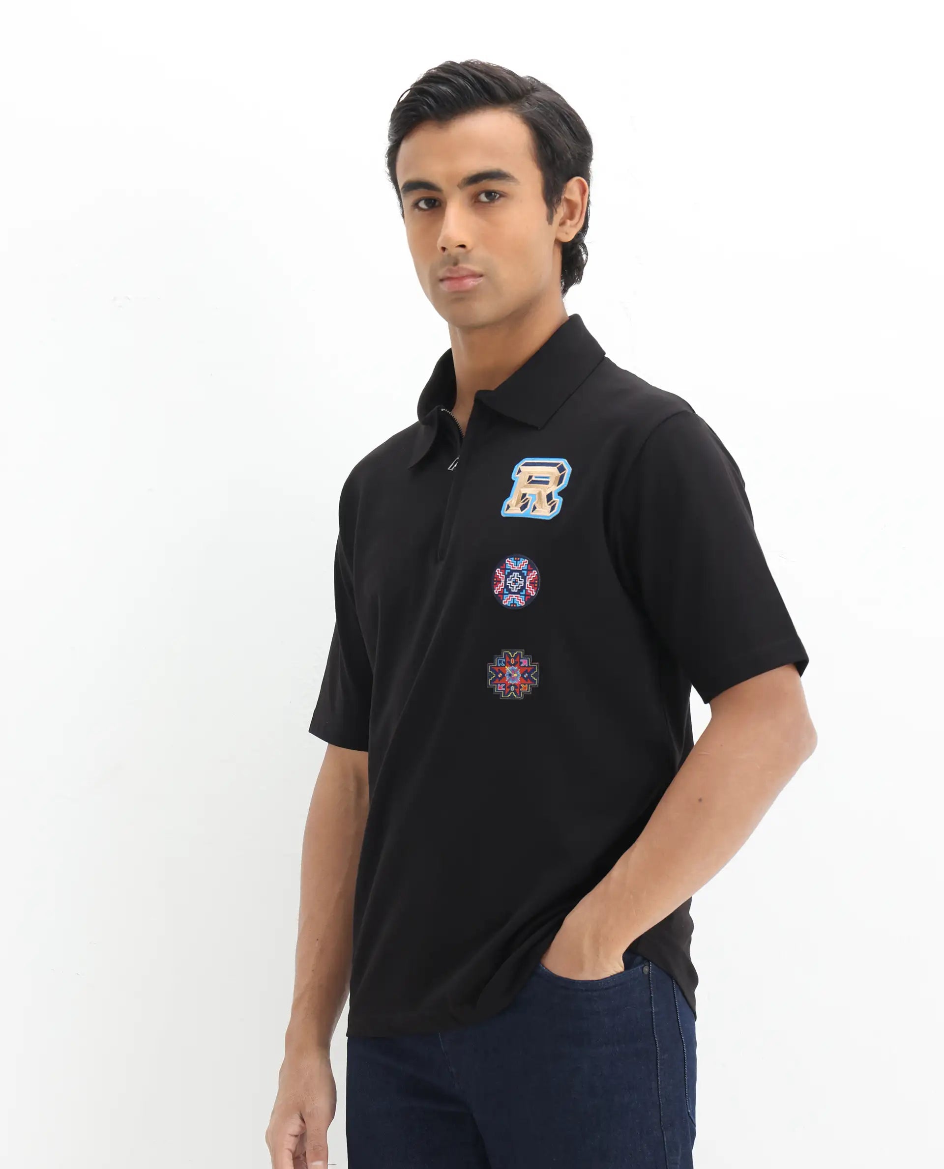 Rare Rabbit Men's Labe Black Cotton Plain Oversized Fit Half Sleeve Polo