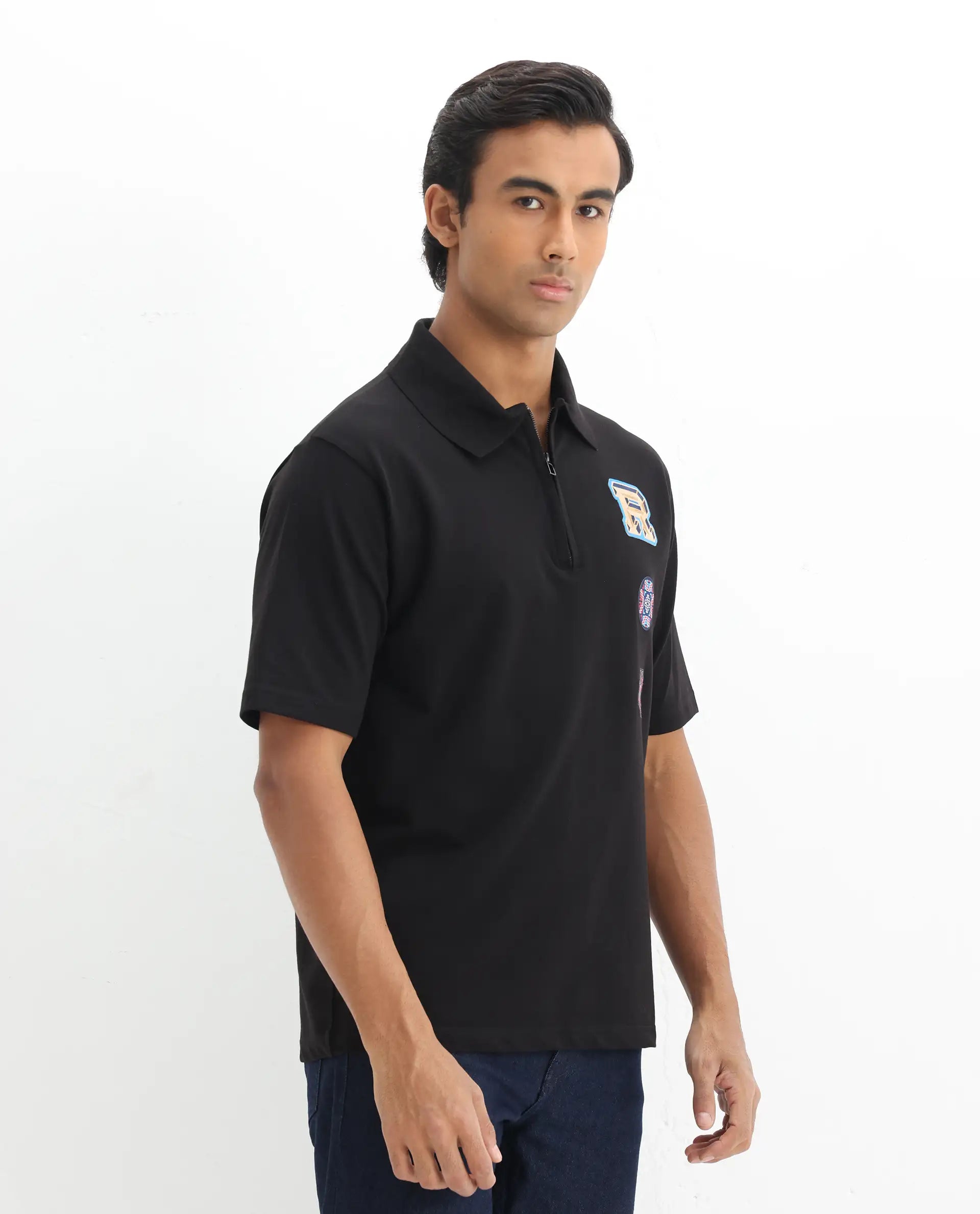 Rare Rabbit Men's Labe Black Cotton Plain Oversized Fit Half Sleeve Polo